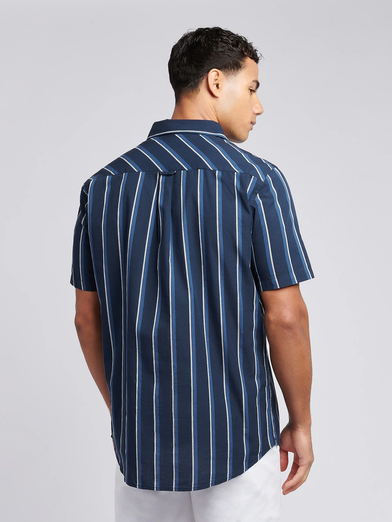 Mens Double Horsemen Striped Short Sleeve Shirt in Dark Sapphire Navy / Moonlight Blue DHM - Image 4