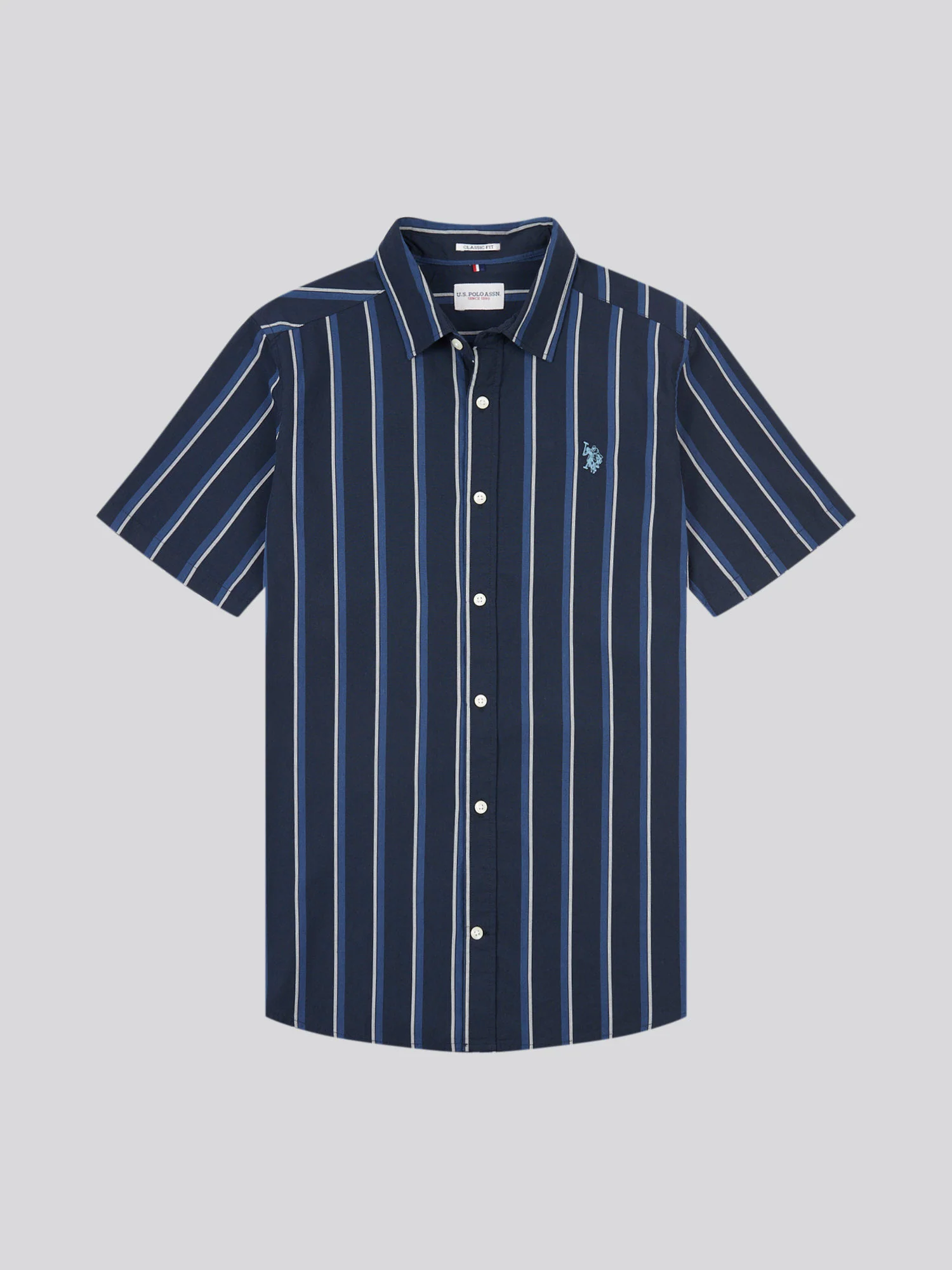 Mens Double Horsemen Striped Short Sleeve Shirt in Dark Sapphire Navy / Moonlight Blue DHM - Image 5