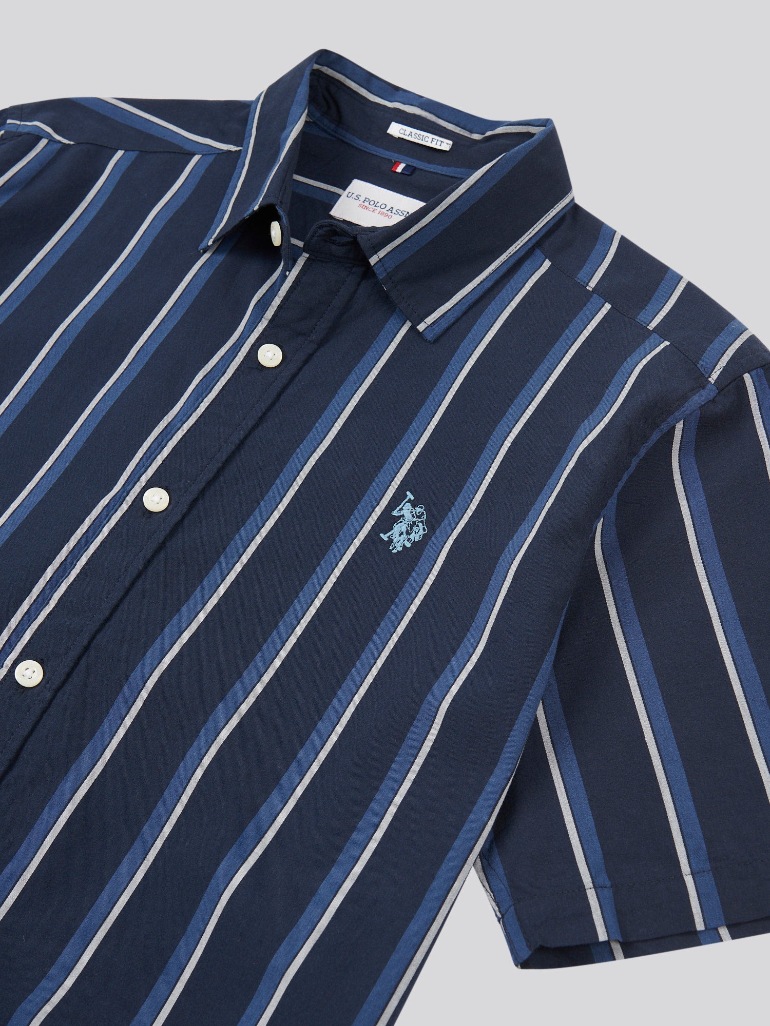 Mens Double Horsemen Striped Short Sleeve Shirt in Dark Sapphire Navy / Moonlight Blue DHM - Image 6