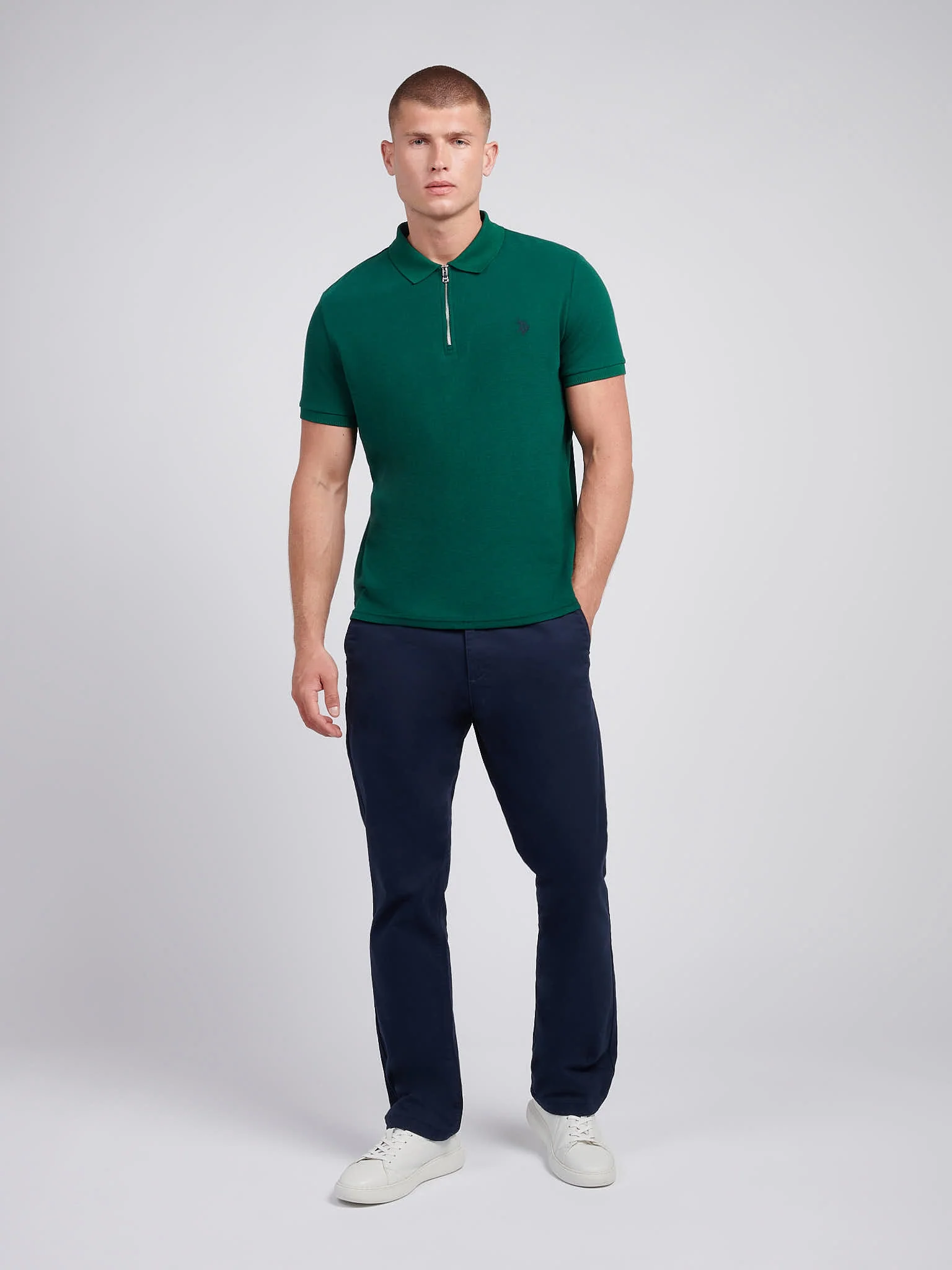 Mens Double Horsemen Texture Polo Shirt in Rain Forest - Image 3
