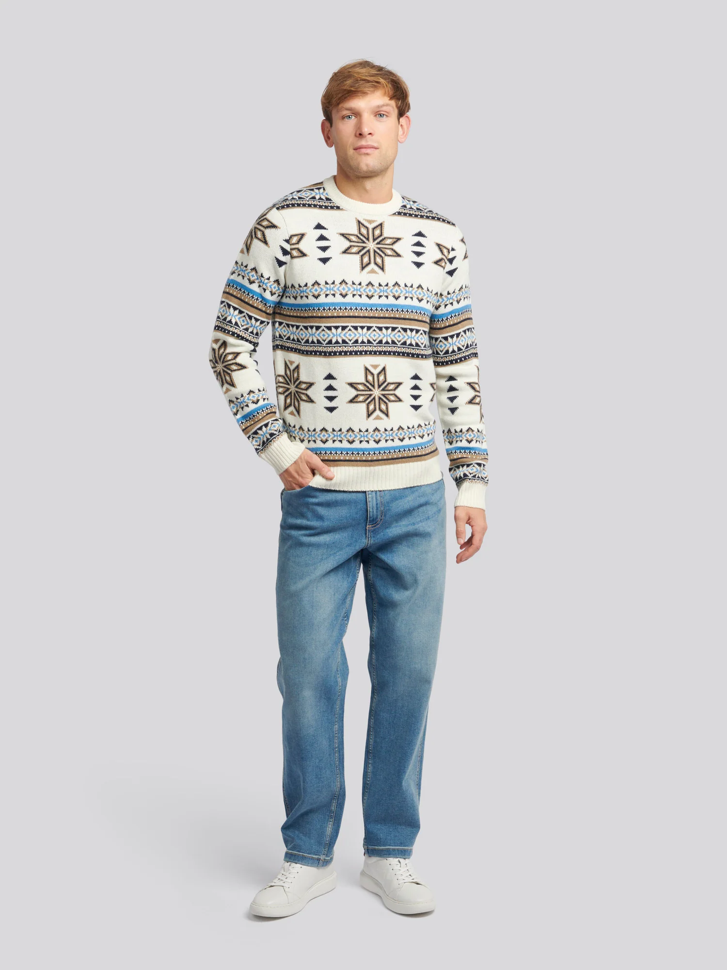 Mens Fair Isle Crew Neck Jumper in Tofu
