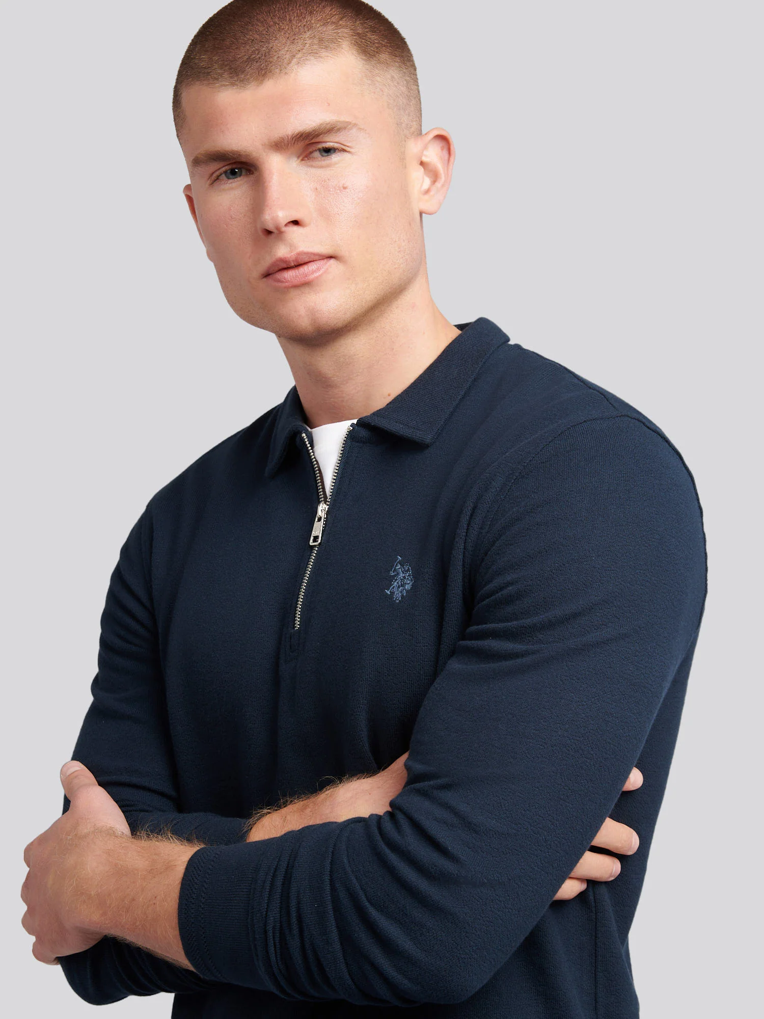 Mens Flat Pile Long Sleeve Polo Shirt in Dark Sapphire Navy / Moonlight Blue DHM - Image 2