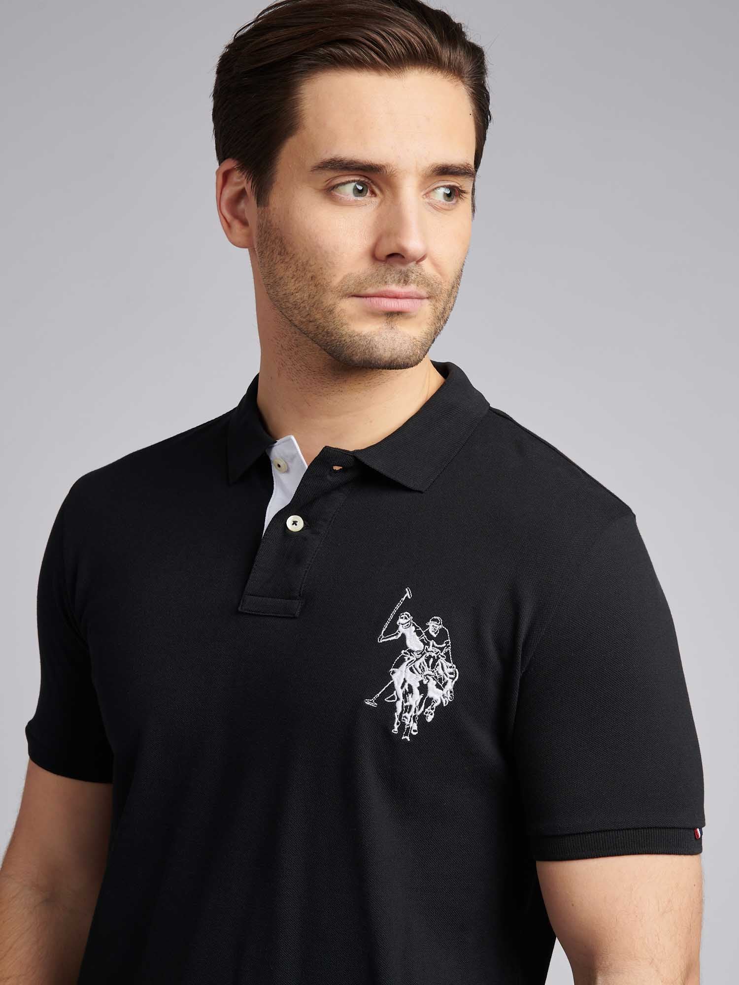 Mens Large Player Pique Polo Shirt in Black Bright White DHM - Image 2