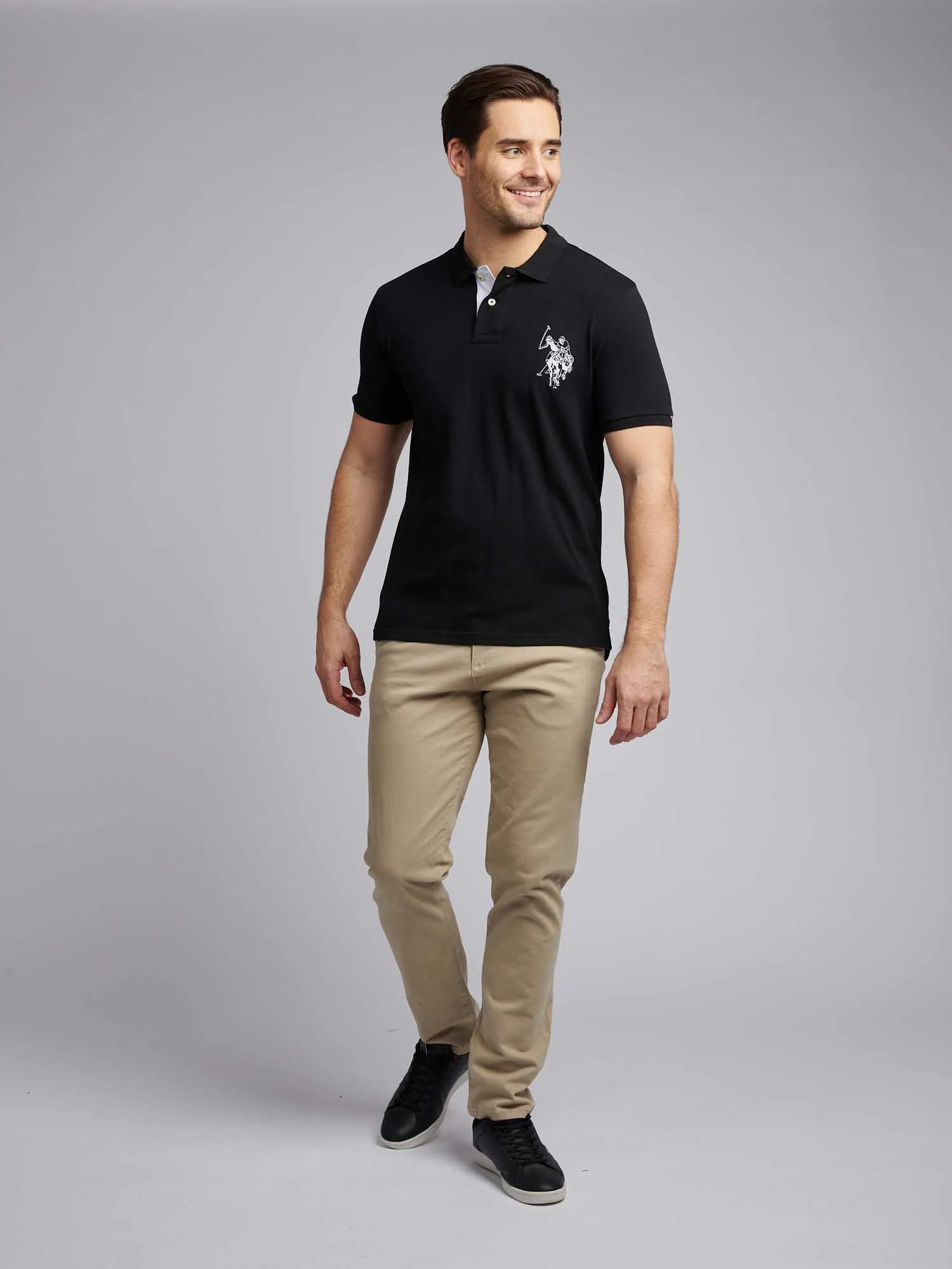 Mens Large Player Pique Polo Shirt in Black Bright White DHM - Image 4