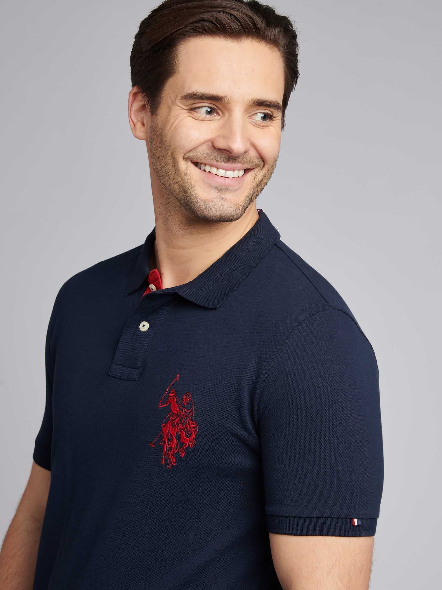 Mens Large Player Pique Polo Shirt in Dark Sapphire Navy / Haute Red DHM - Image 2