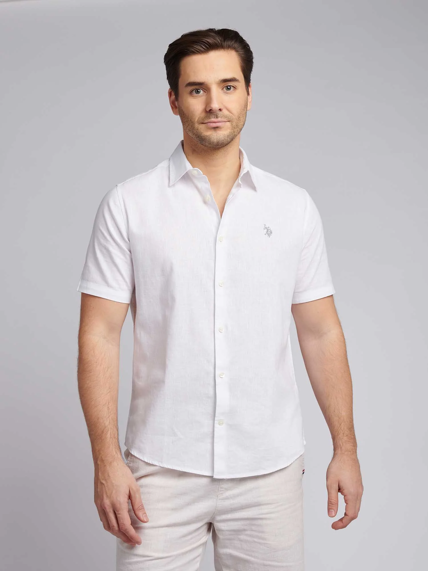 Mens Linen Blend Short Sleeve Shirt Bright White / Harbour Mist