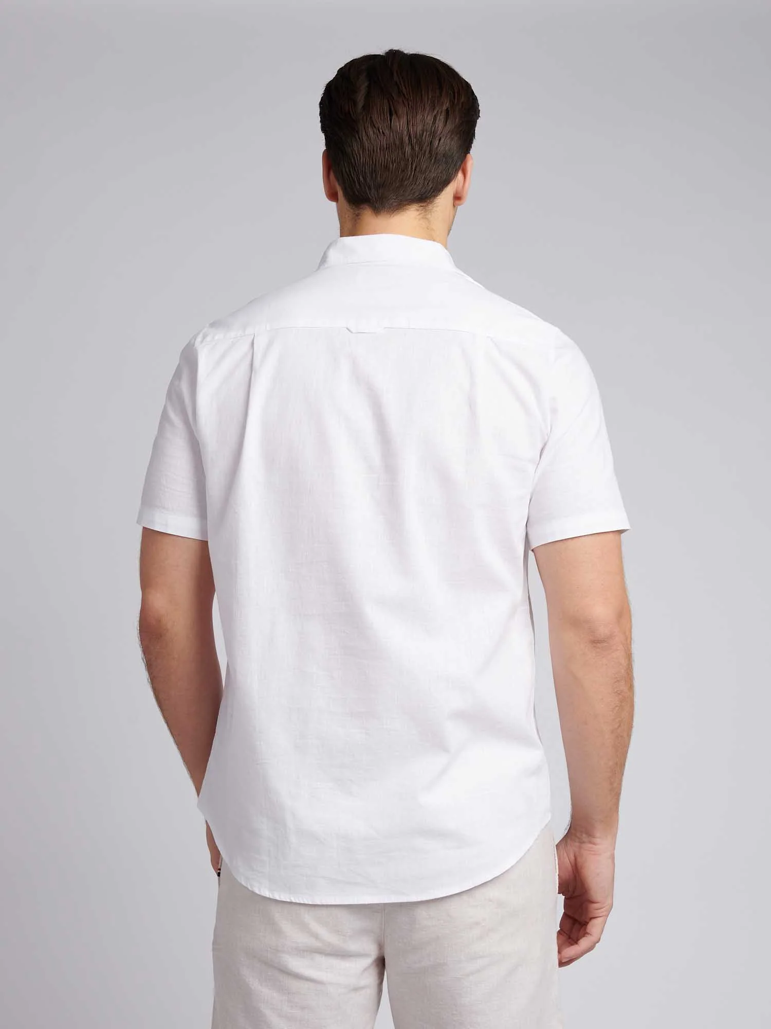 Mens Linen Blend Short Sleeve Shirt Bright White / Harbour Mist - Image 3