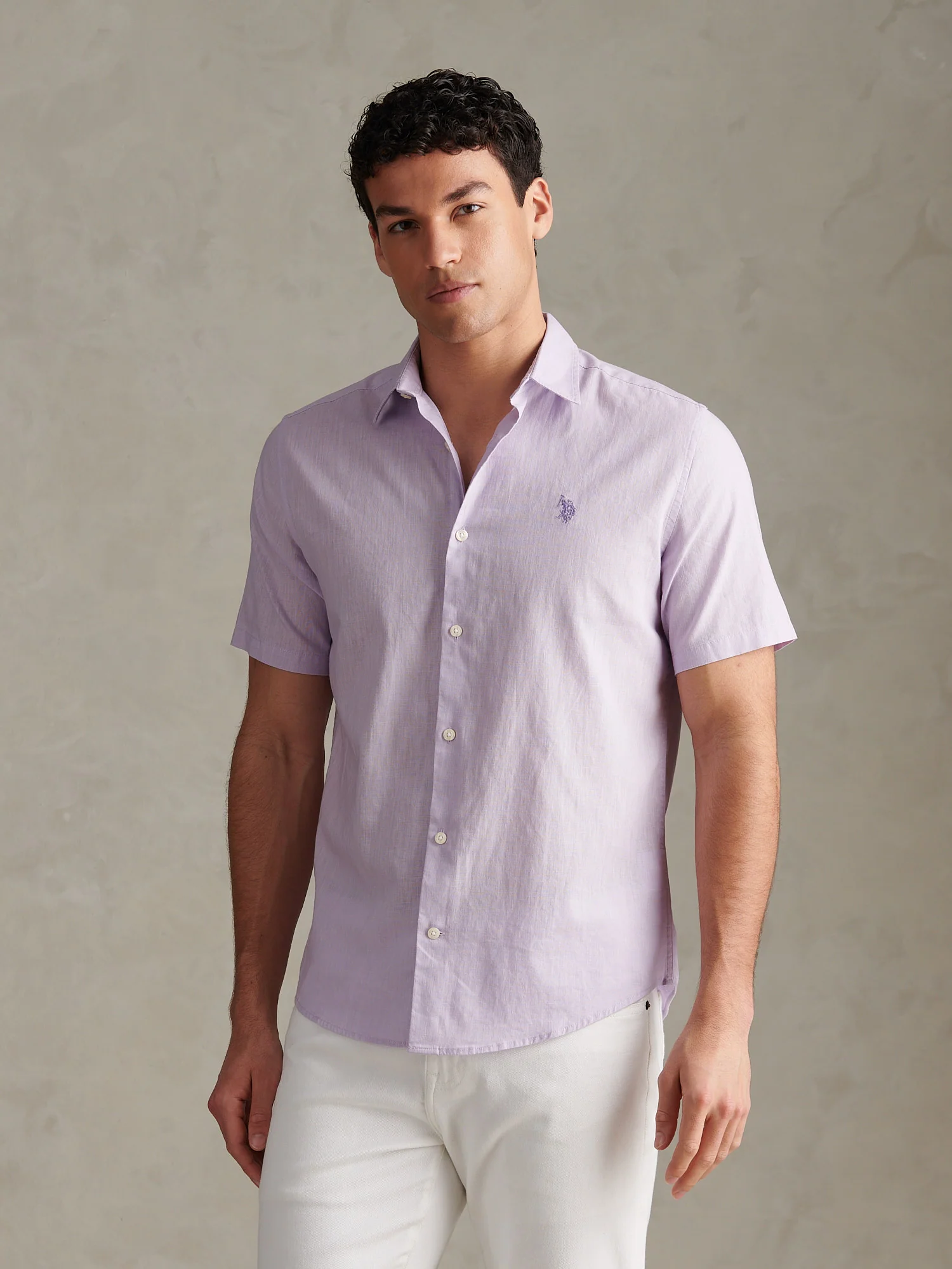 Mens Linen Blend Short Sleeve Shirt Pastel Lilac