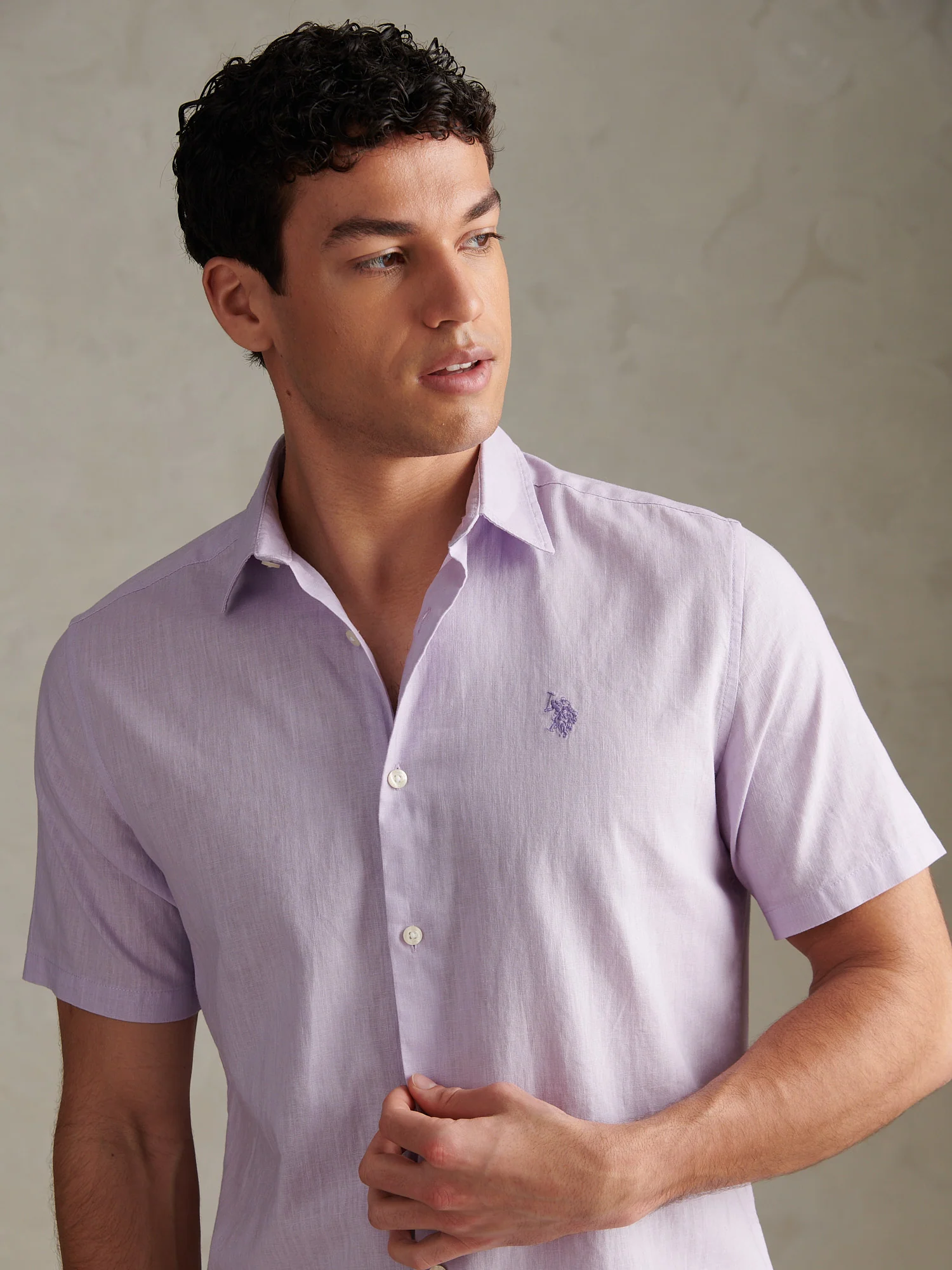 Mens Linen Blend Short Sleeve Shirt Pastel Lilac - Image 2