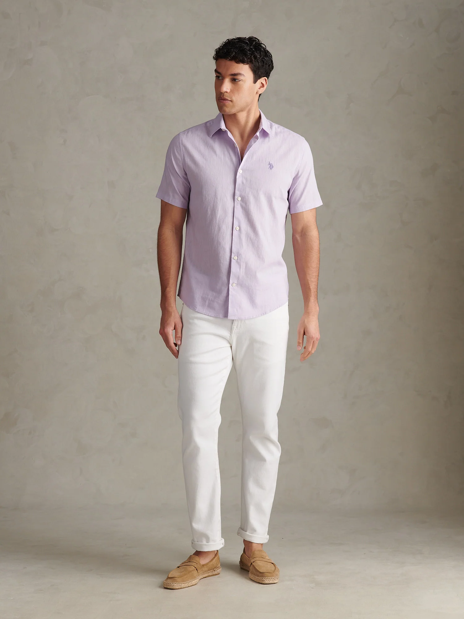 Mens Linen Blend Short Sleeve Shirt Pastel Lilac - Image 3