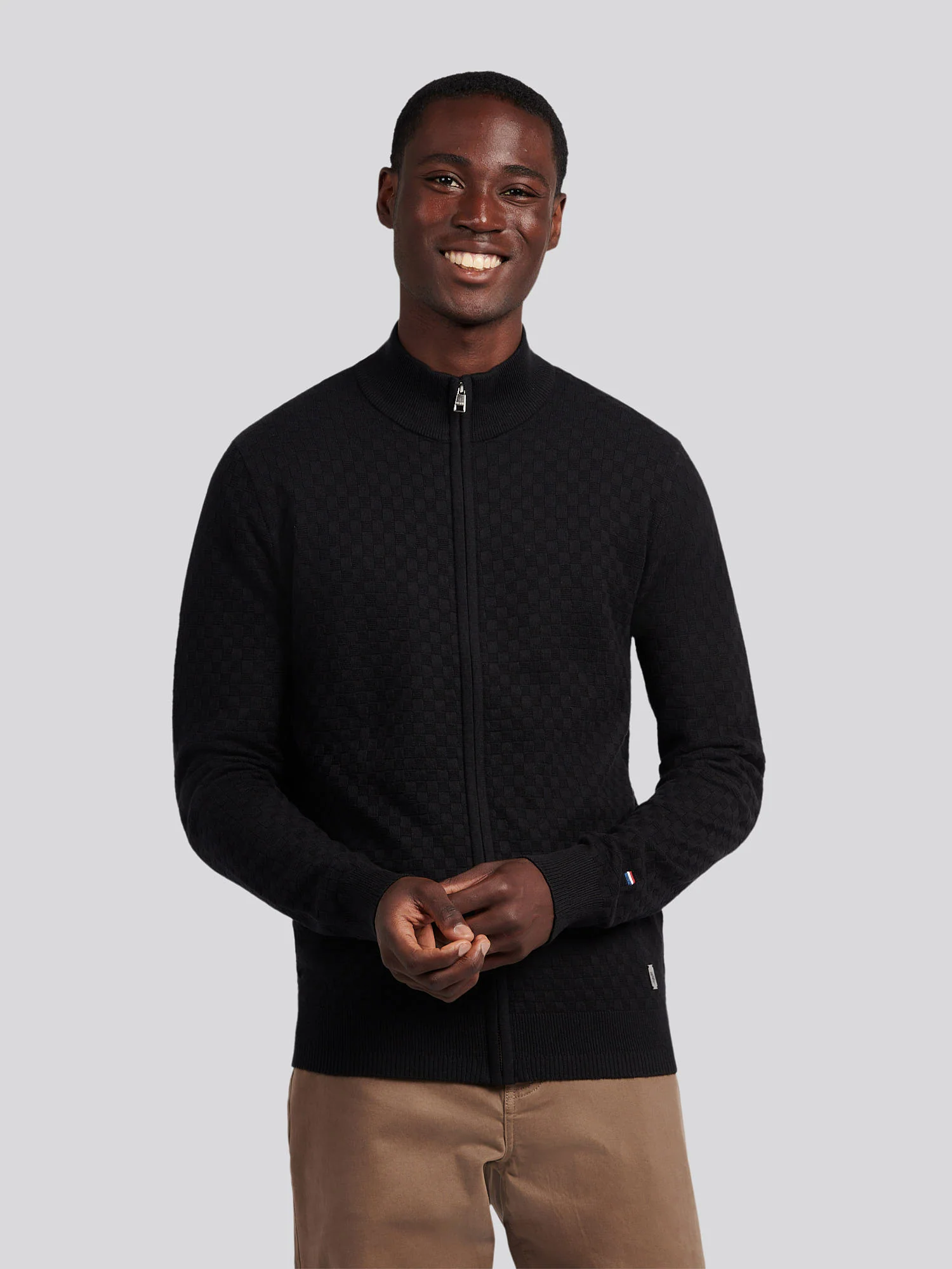 Mens Smart Checkerboard Zip Through Funnel in Black