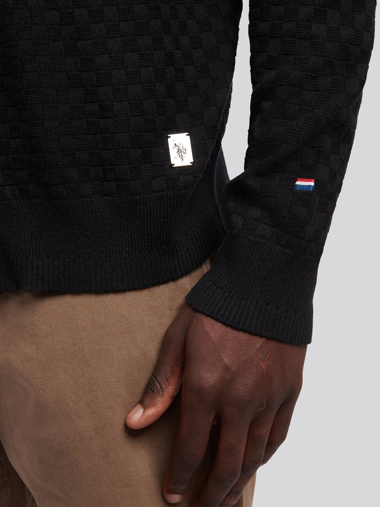 Mens Smart Checkerboard Zip Through Funnel in Black - Image 2
