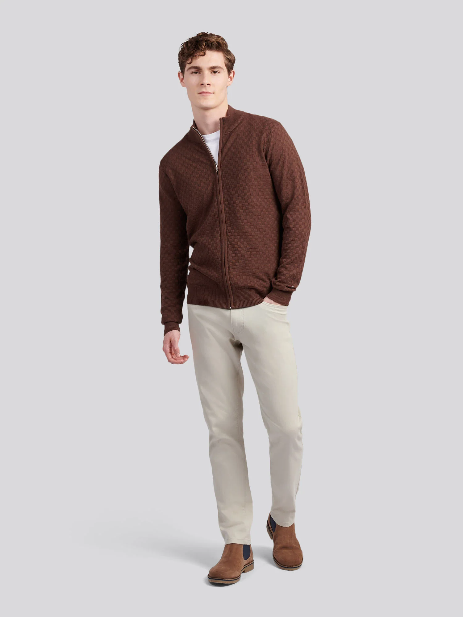 Mens Smart Checkerboard Zip Through Funnel in Chocolate Martini - Image 3