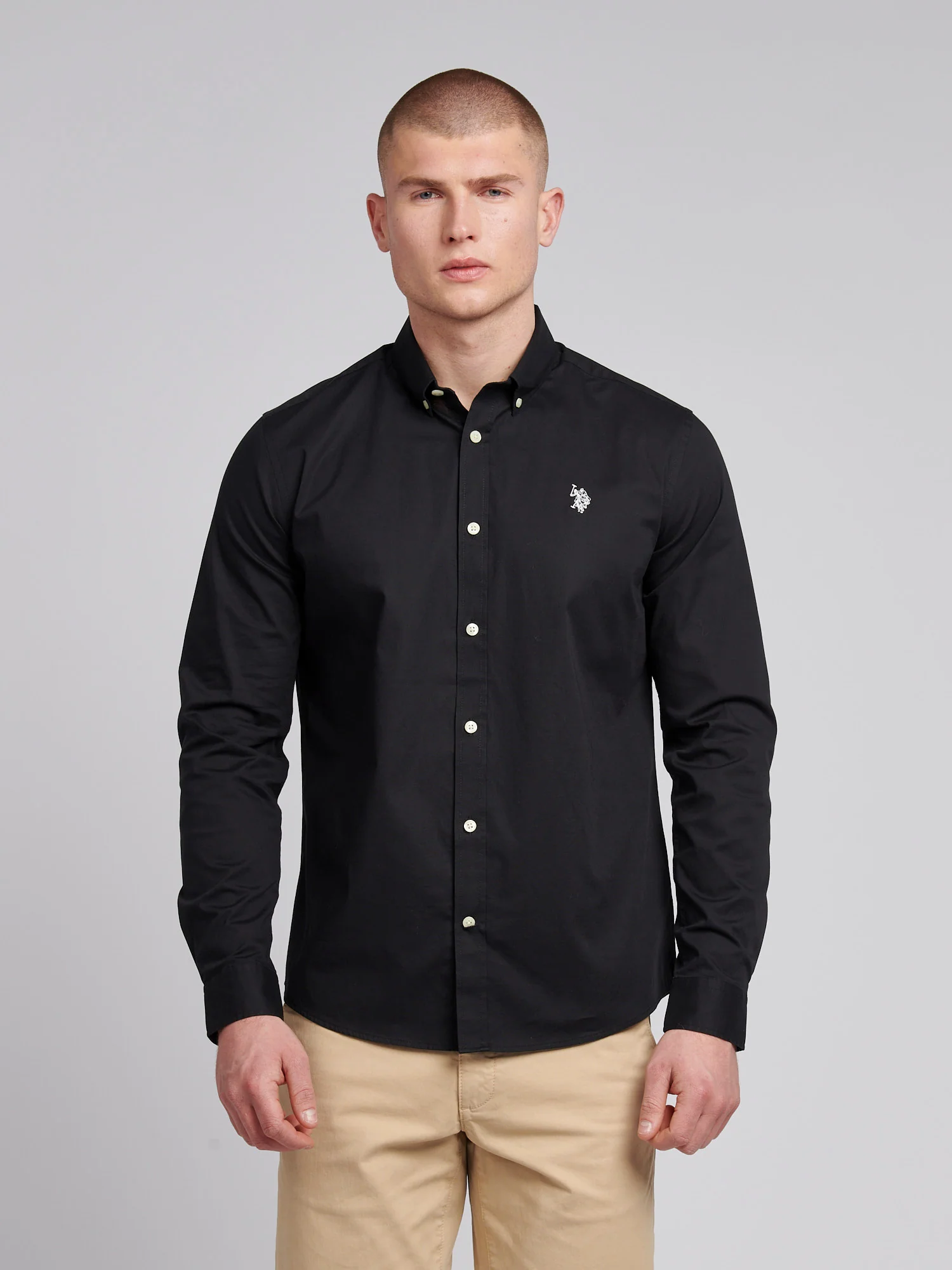 Mens Stretch Cotton Poplin Shirt Black Bright White DHM