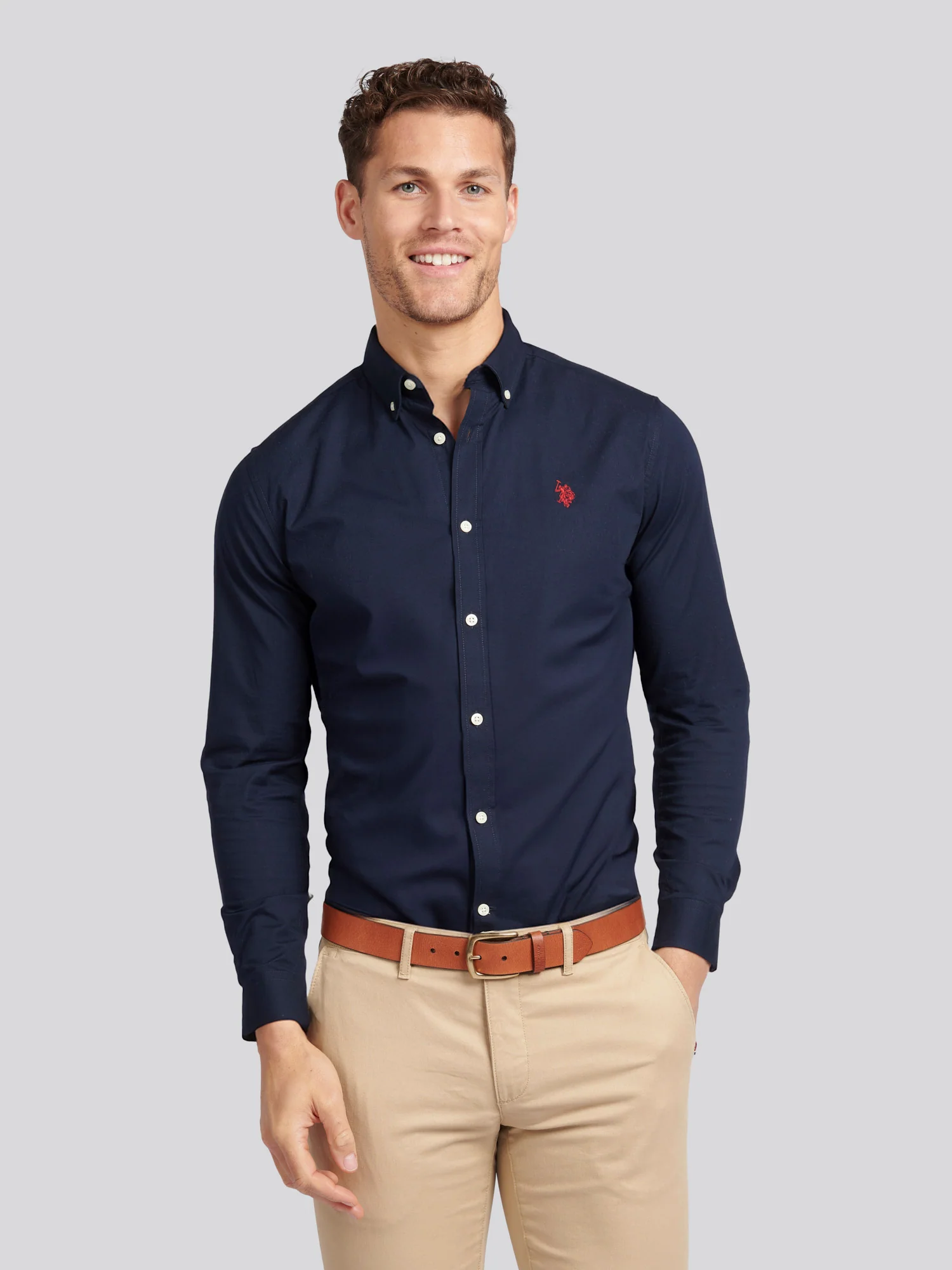 Mens Stretch Cotton Poplin Shirt Dark Sapphire Navy / Haute Red DHM