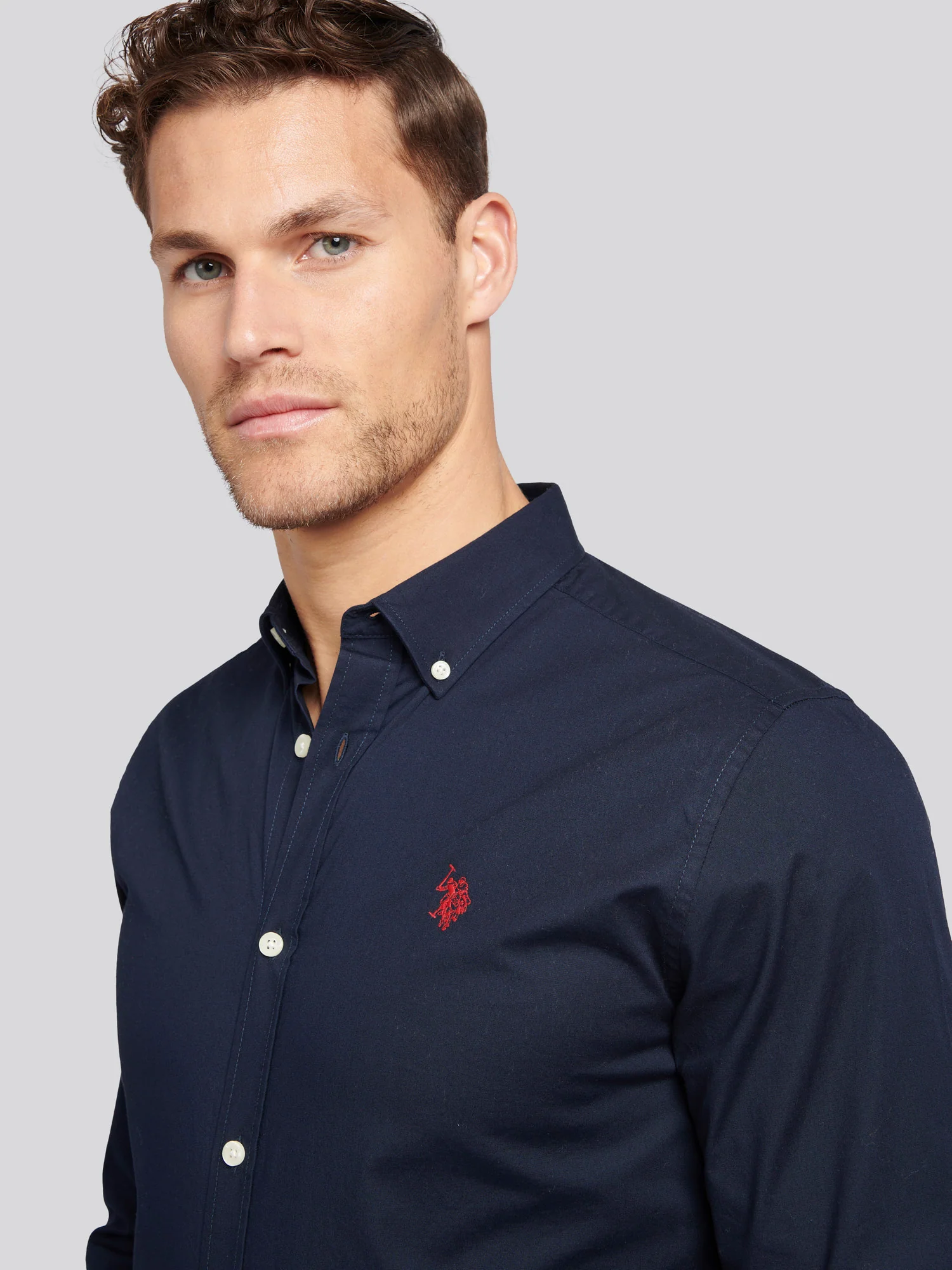 Mens Stretch Cotton Poplin Shirt Dark Sapphire Navy / Haute Red DHM - Image 2