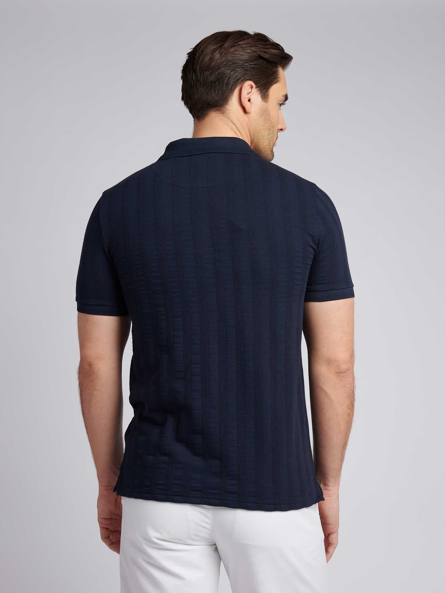 Mens Stripe Textured Zip Polo Shirt in Dark Sapphire Navy / Moonlight Blue DHM - Image 3