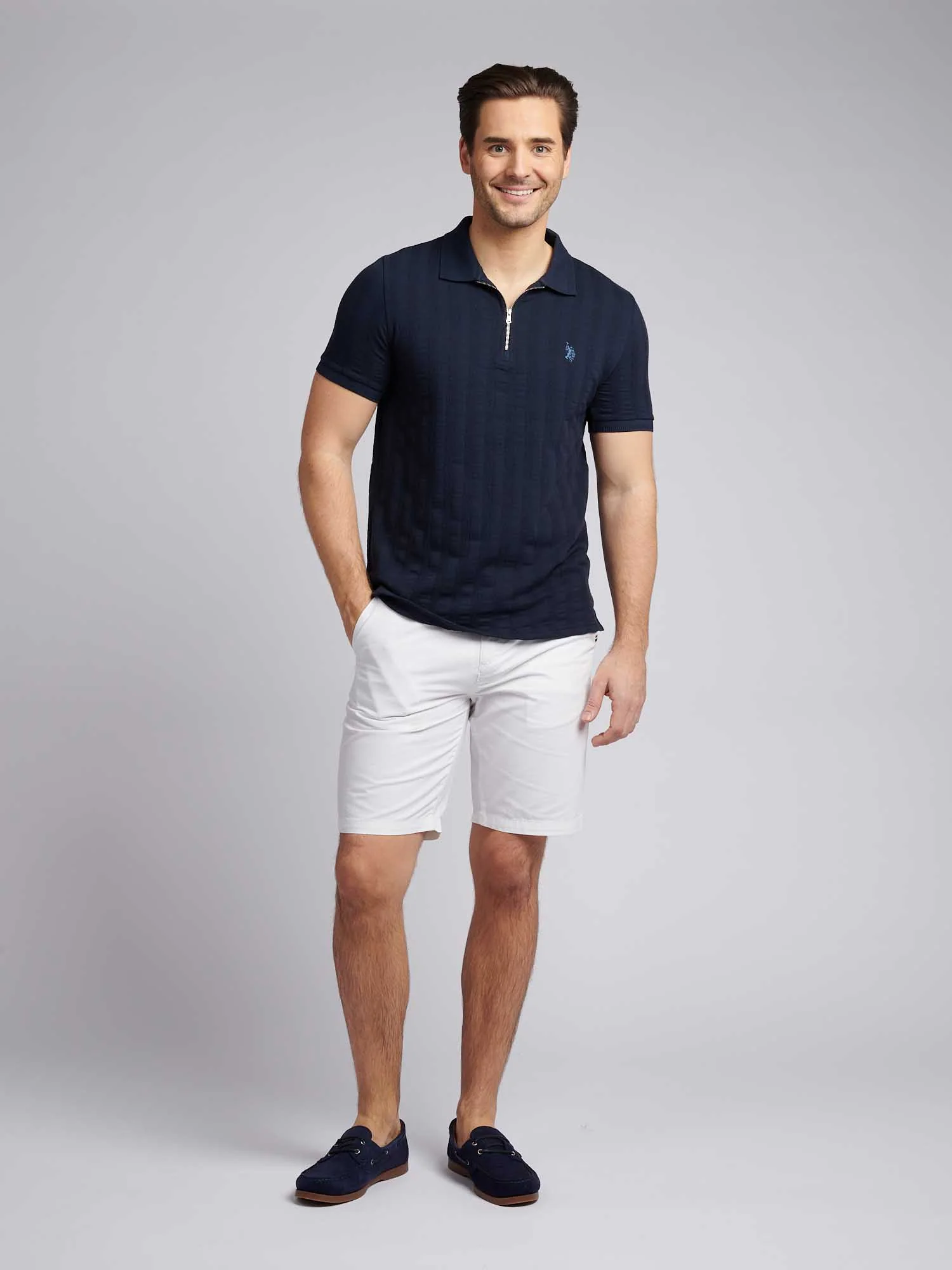 Mens Stripe Textured Zip Polo Shirt in Dark Sapphire Navy / Moonlight Blue DHM - Image 4