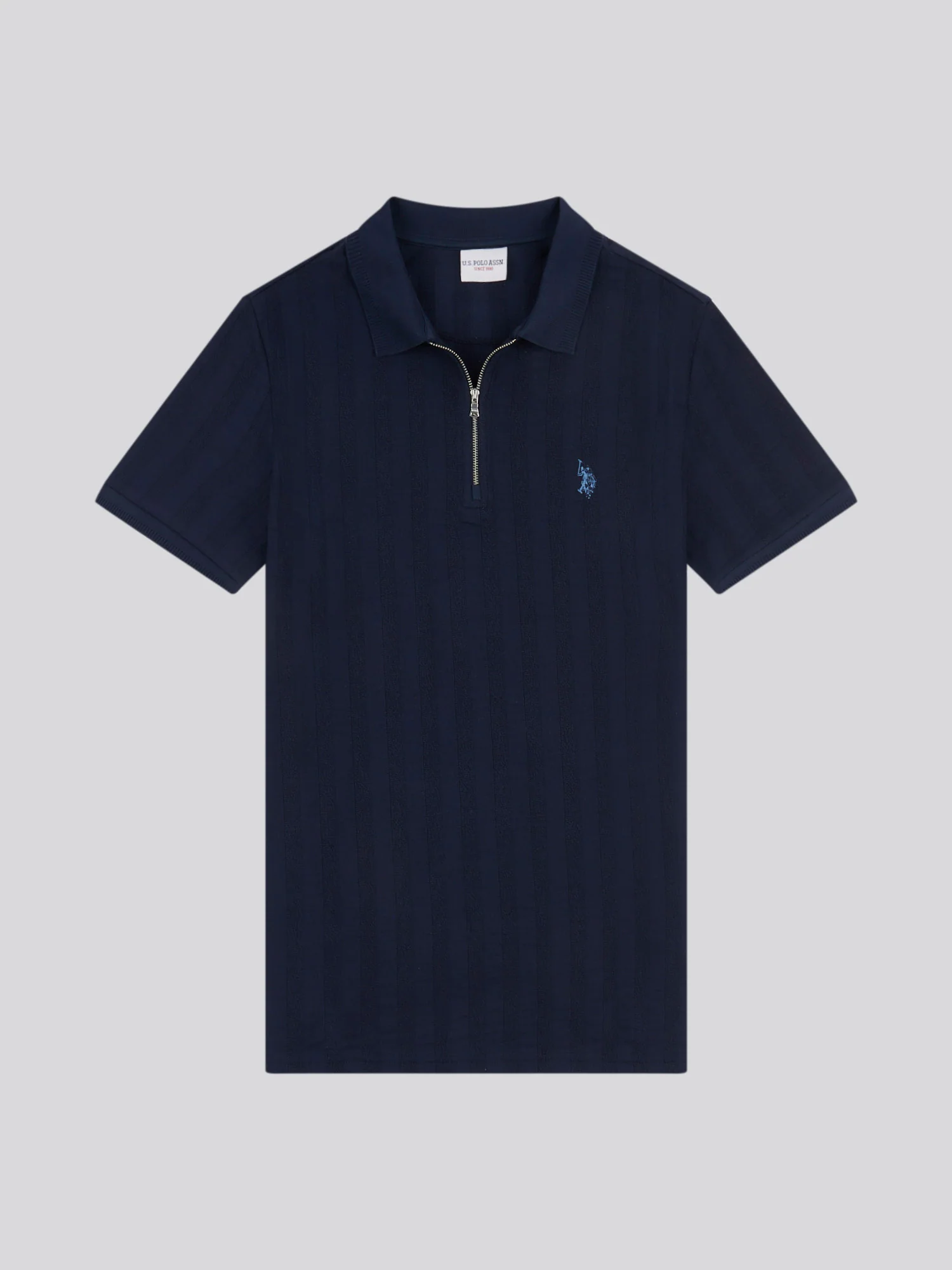 Mens Stripe Textured Zip Polo Shirt in Dark Sapphire Navy / Moonlight Blue DHM - Image 5