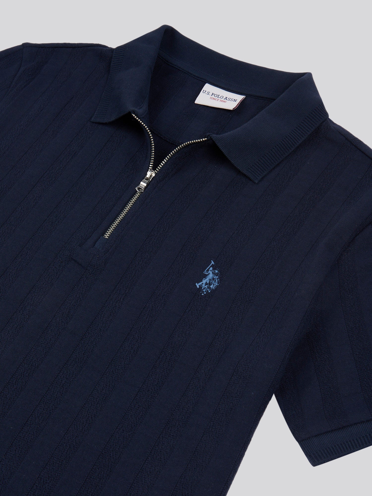 Mens Stripe Textured Zip Polo Shirt in Dark Sapphire Navy / Moonlight Blue DHM - Image 7