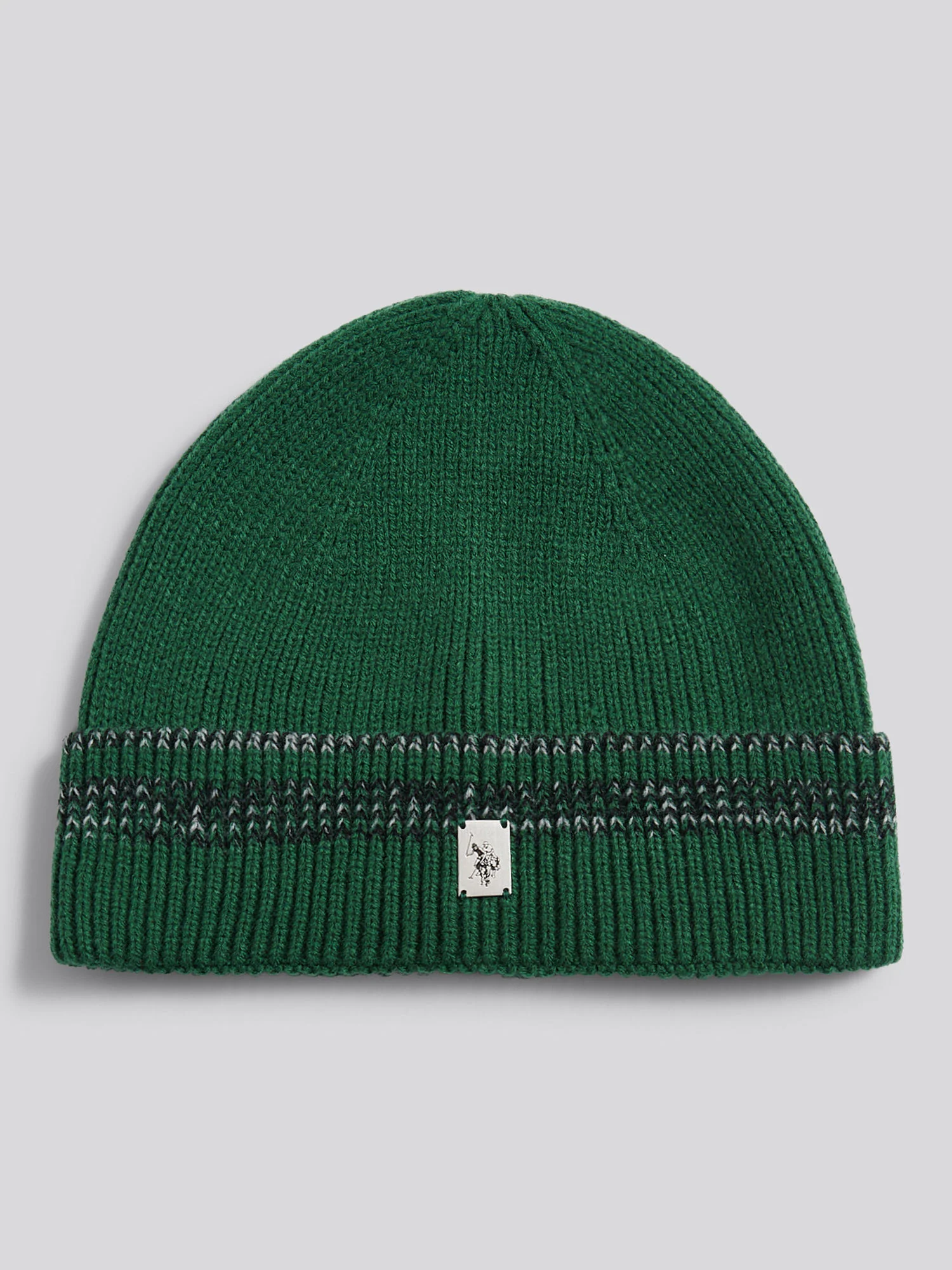 Mens Stripe Tipping Rib Knit Beanie in Pineneedle