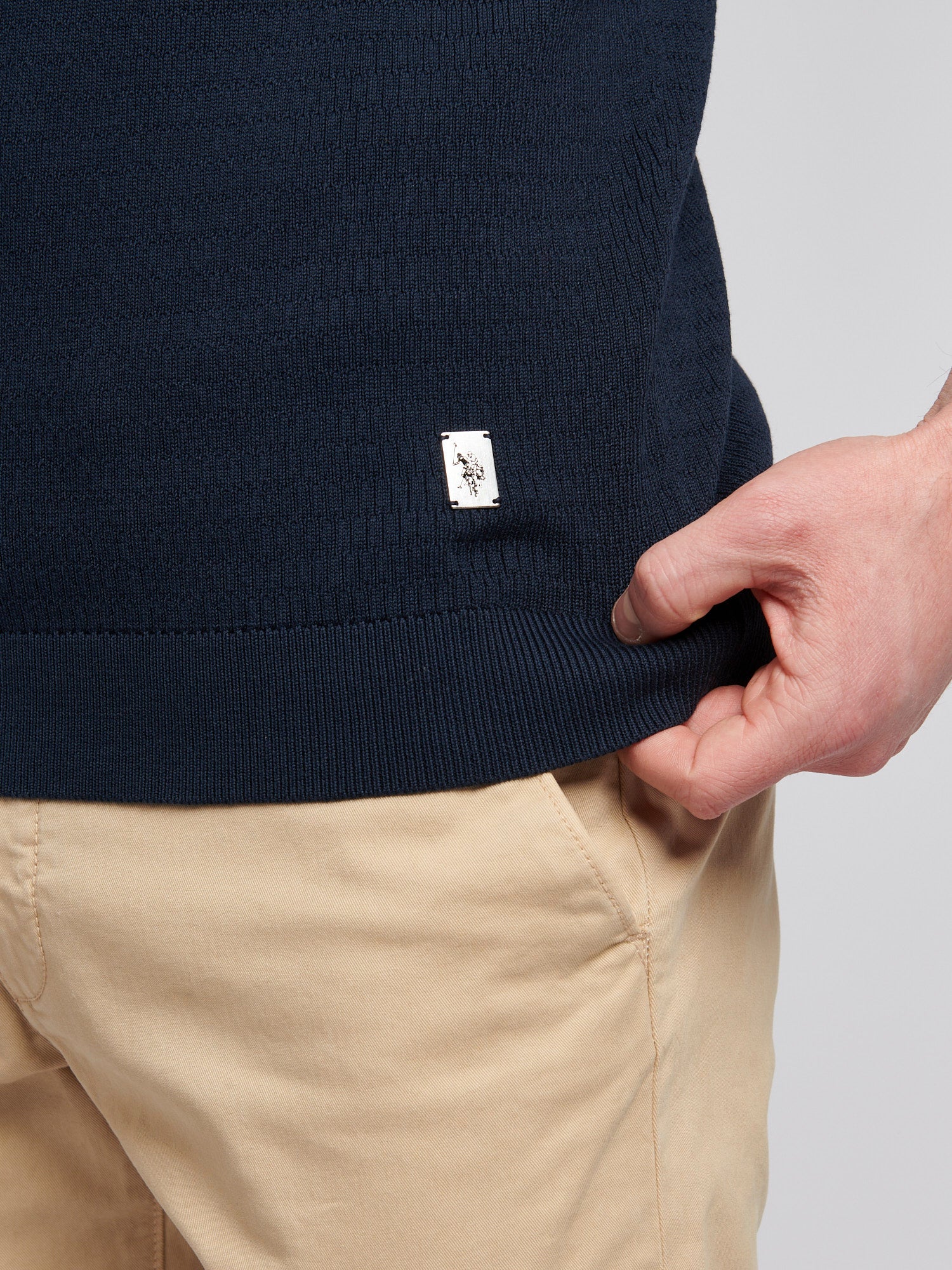 Mens Texture Open Collar Knit Polo Shirt in Dark Sapphire Navy - Image 2