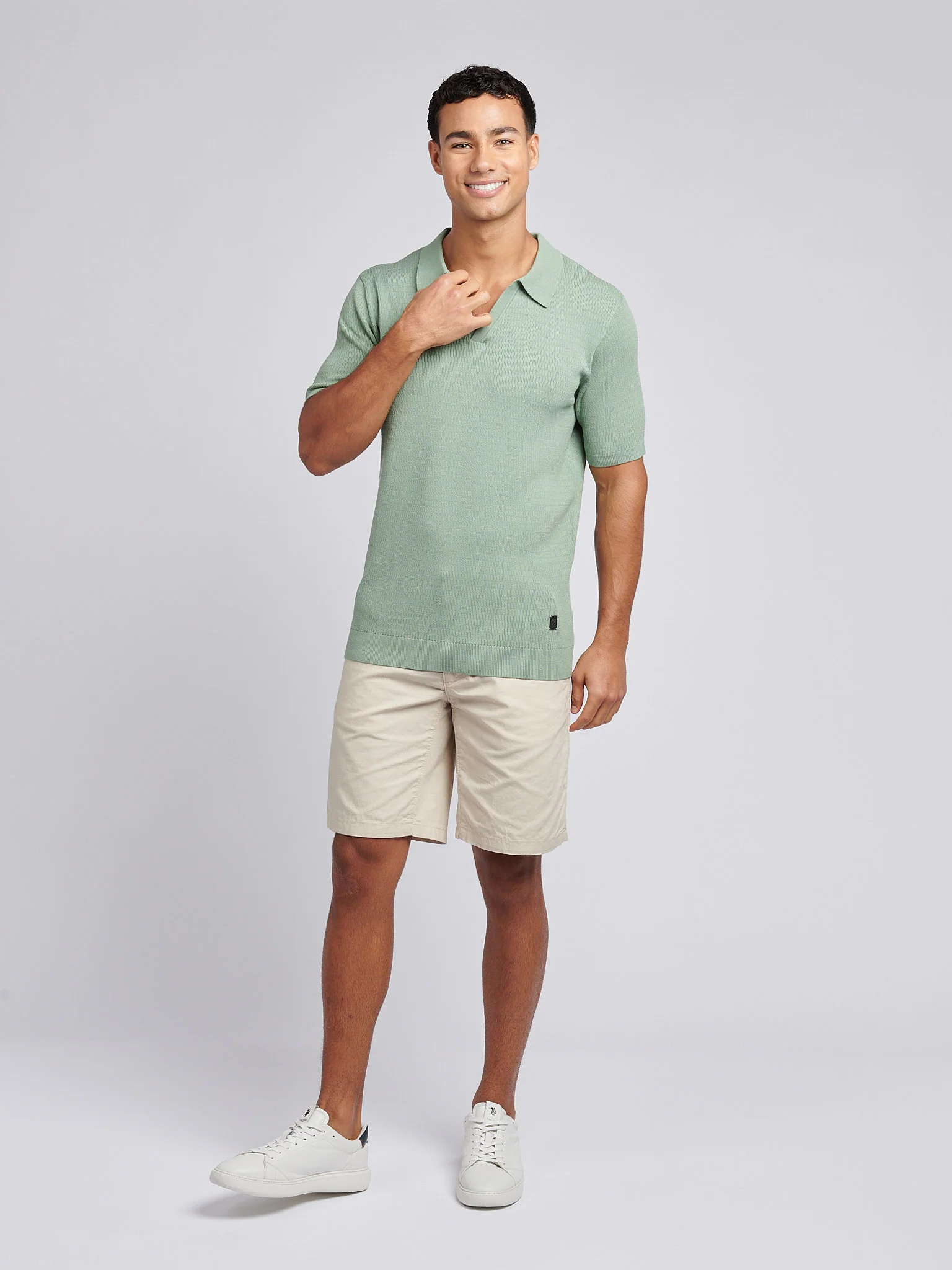 Mens Texture Open Collar Knit Polo Shirt in Green Bay - Image 3