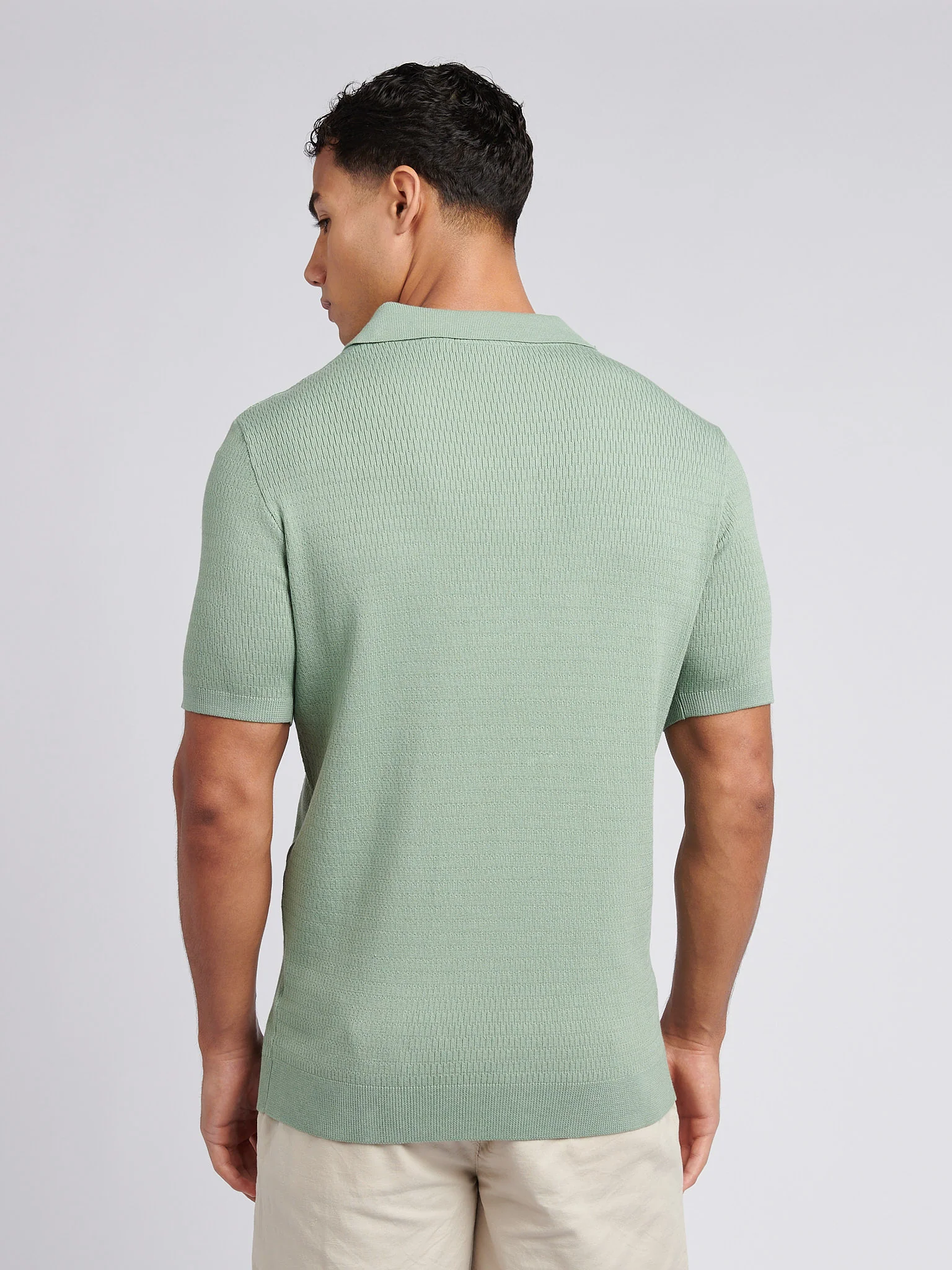 Mens Texture Open Collar Knit Polo Shirt in Green Bay - Image 4