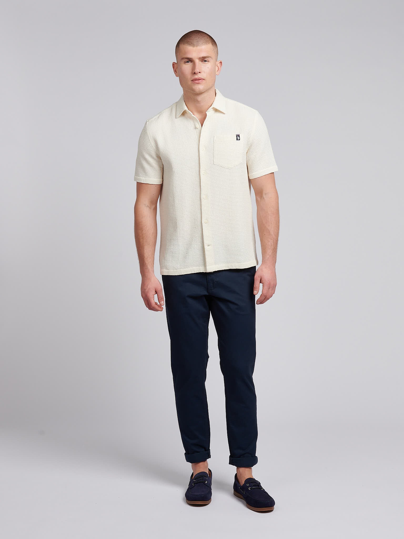 Mens Textured Waffle Short Sleeve Shirt in Bright White - Image 3