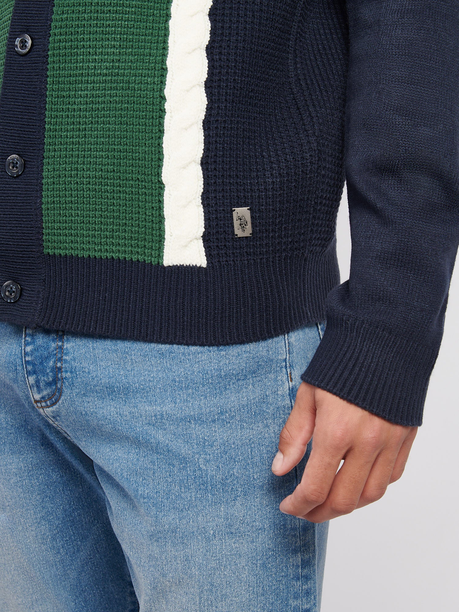 Mens Vertical Stripe Revere Knit Cardigan in Dark Sapphire Navy - Image 2