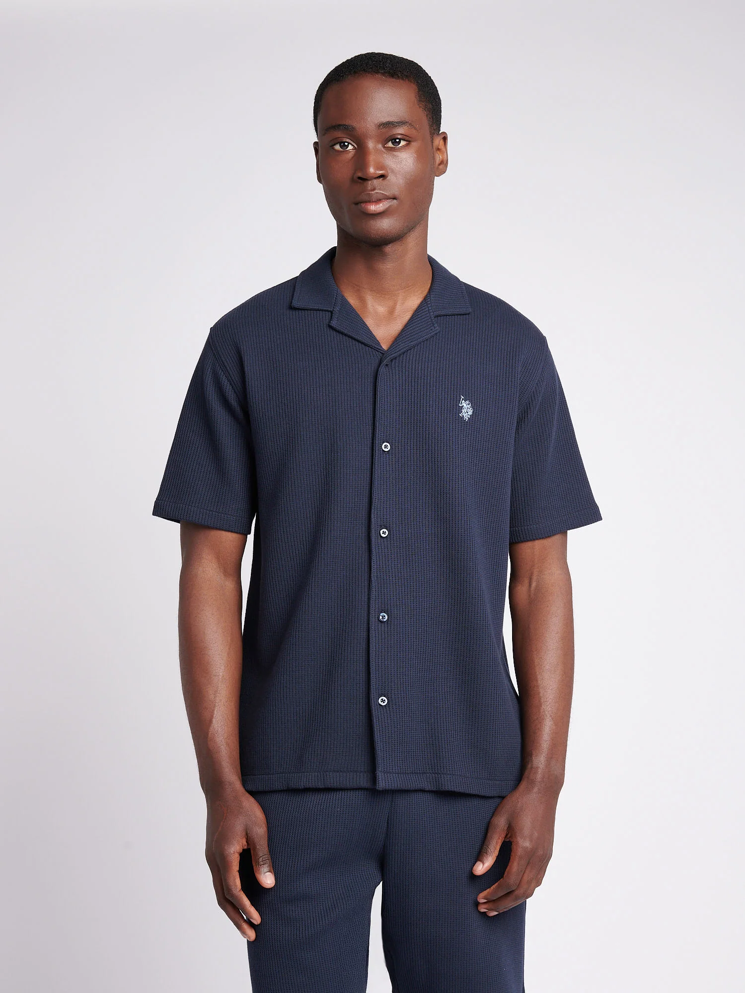 Mens Waffle Texture Revere Shirt in Dark Sapphire Navy