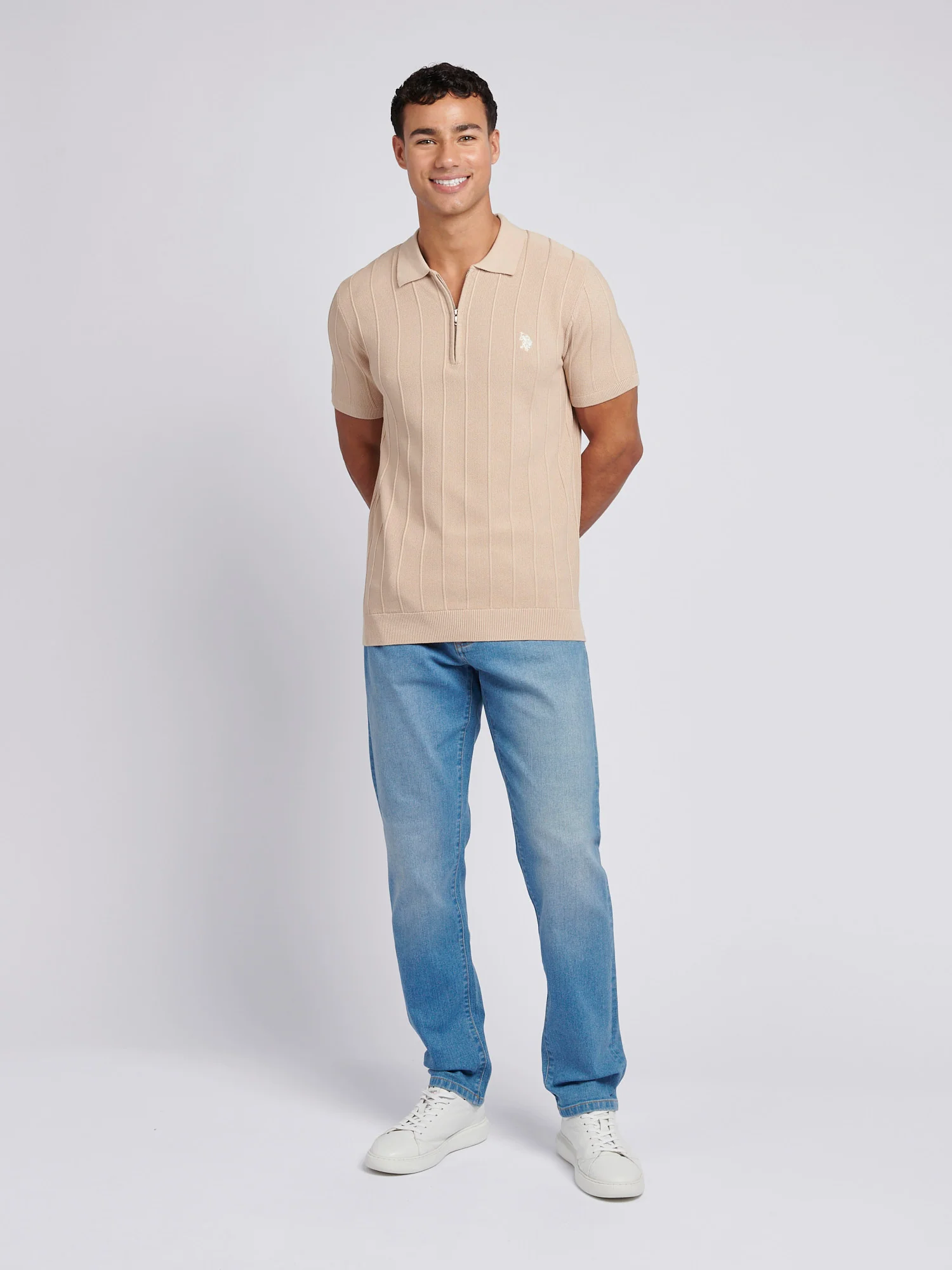 Mens Zip Knit Polo Shirt Doeskin - Image 3