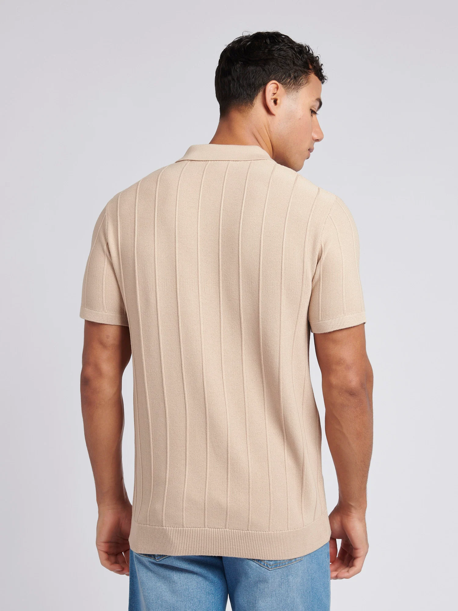 Mens Zip Knit Polo Shirt Doeskin - Image 4