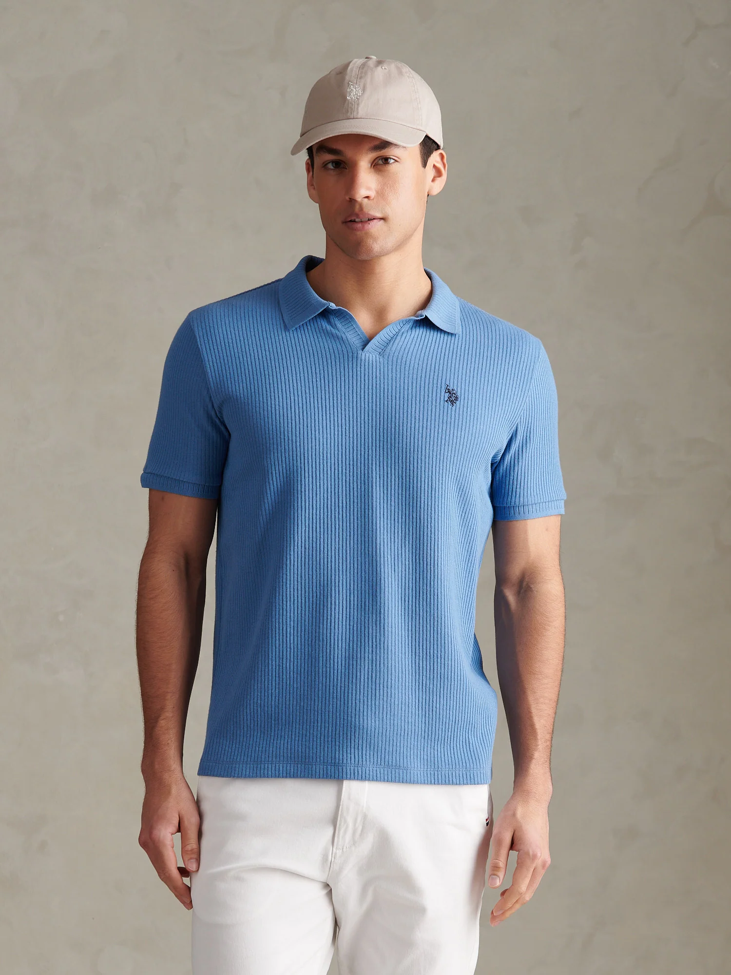 Mens Mini Vertical Texture Open Collar Polo Shirt Riviera