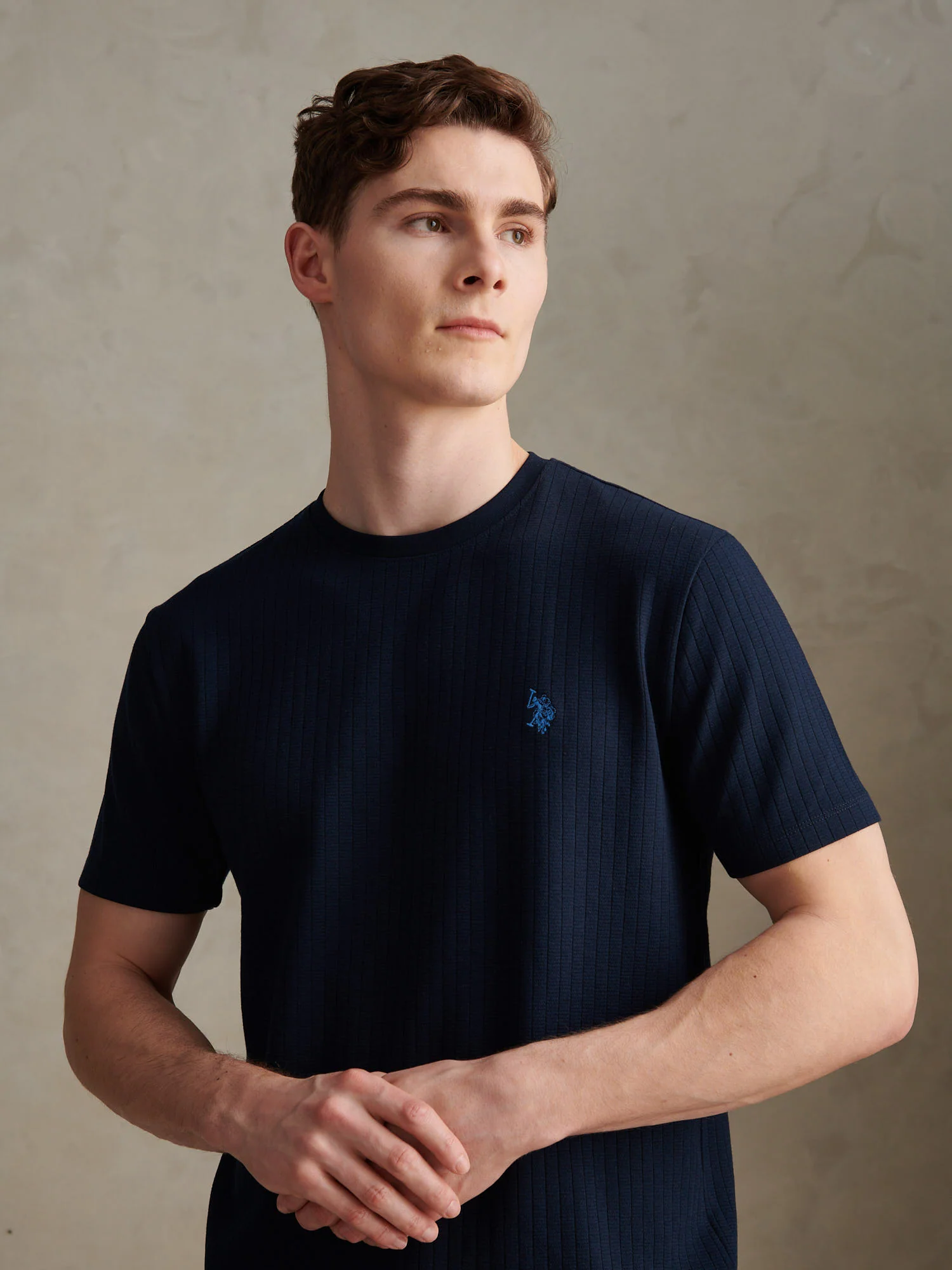 Mens Mini Waffle Stripe Textured T-Shirt Dark Sapphire Navy - Image 2