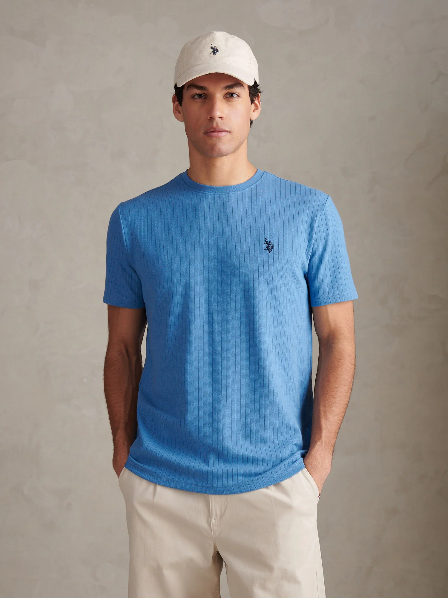 Mens Mini Waffle Stripe Textured T-Shirt Riviera