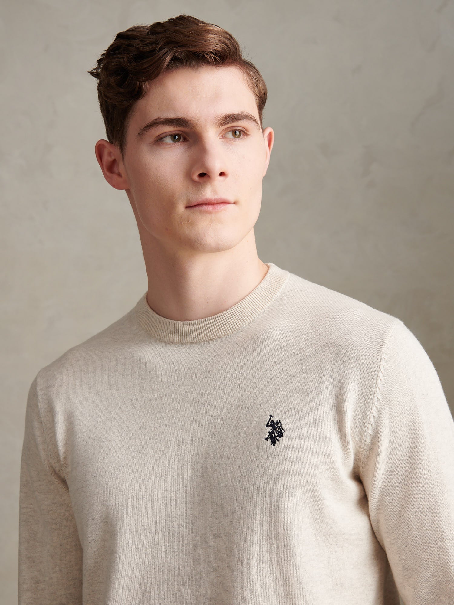 Mens Double Horsemen Cotton Knit Crew Jumper Birch Marl - Image 2