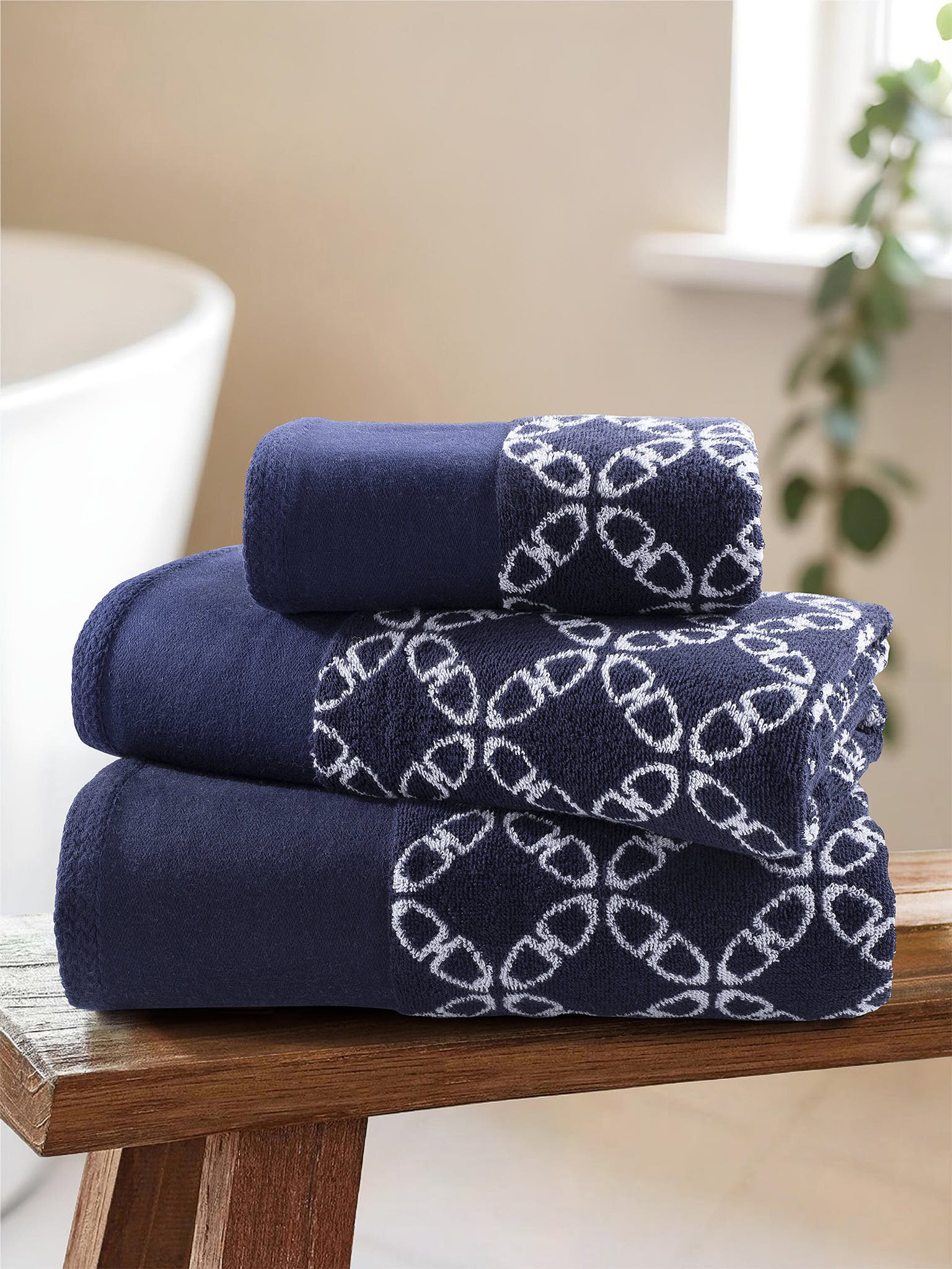 Pure Cotton Geo Towel in Navy Iris - Image 2