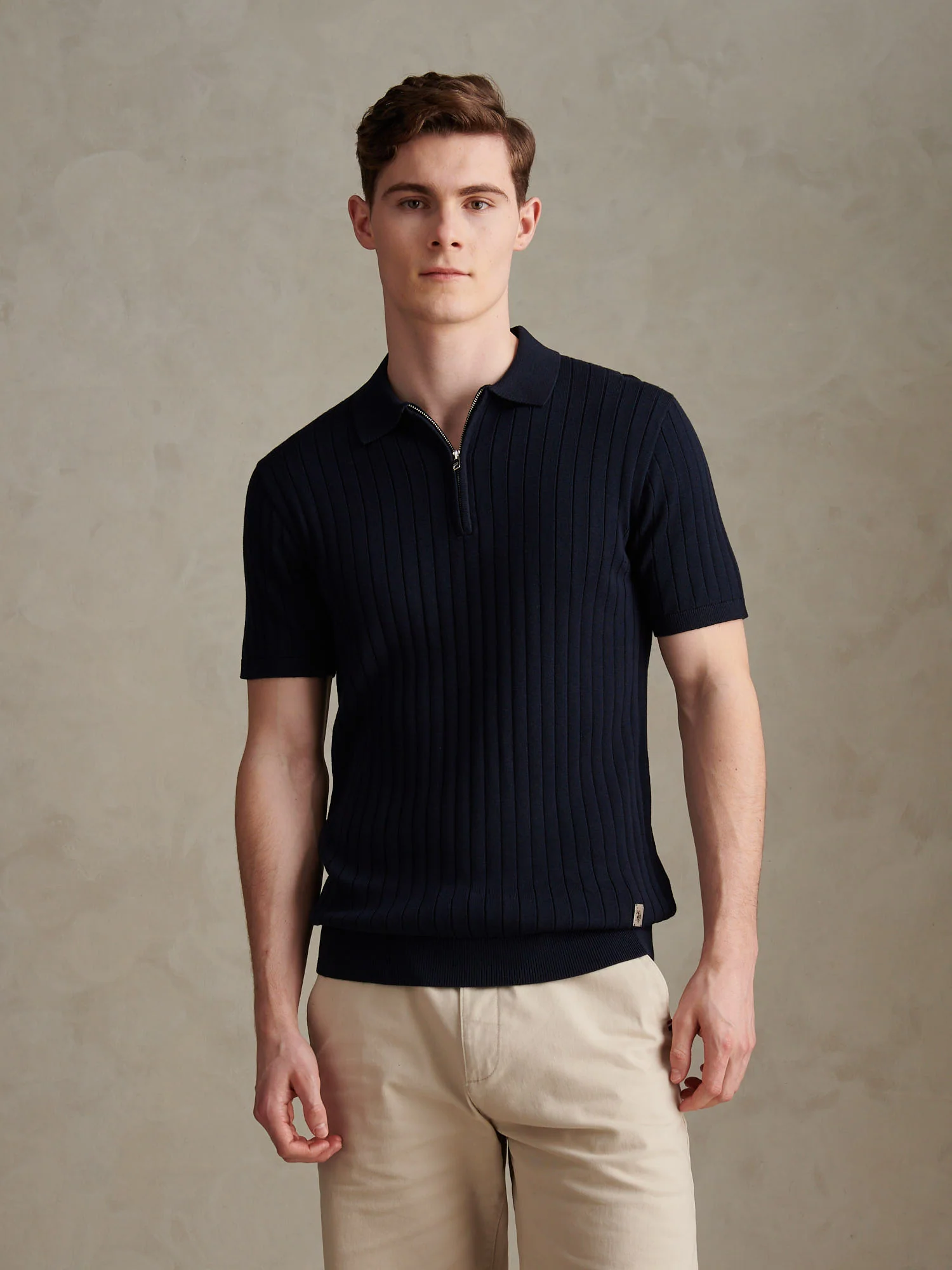Mens Smart Textured Knit Quarter Zip Polo Shirt Dark Sapphire Navy