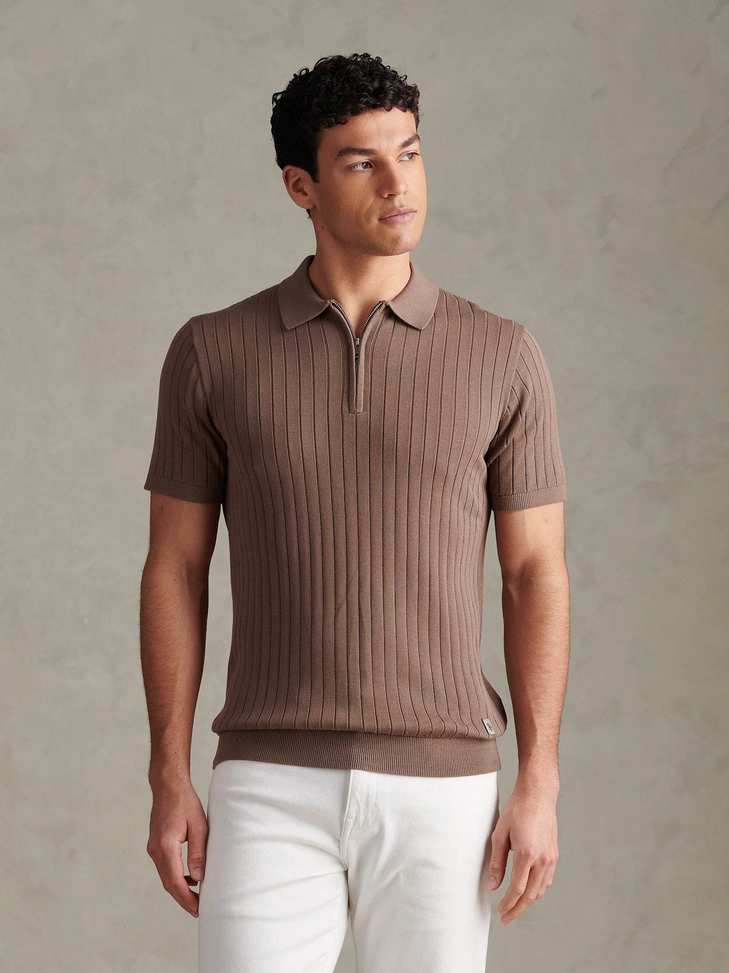 Mens Smart Textured Knit Quarter Zip Polo Shirt Walnut