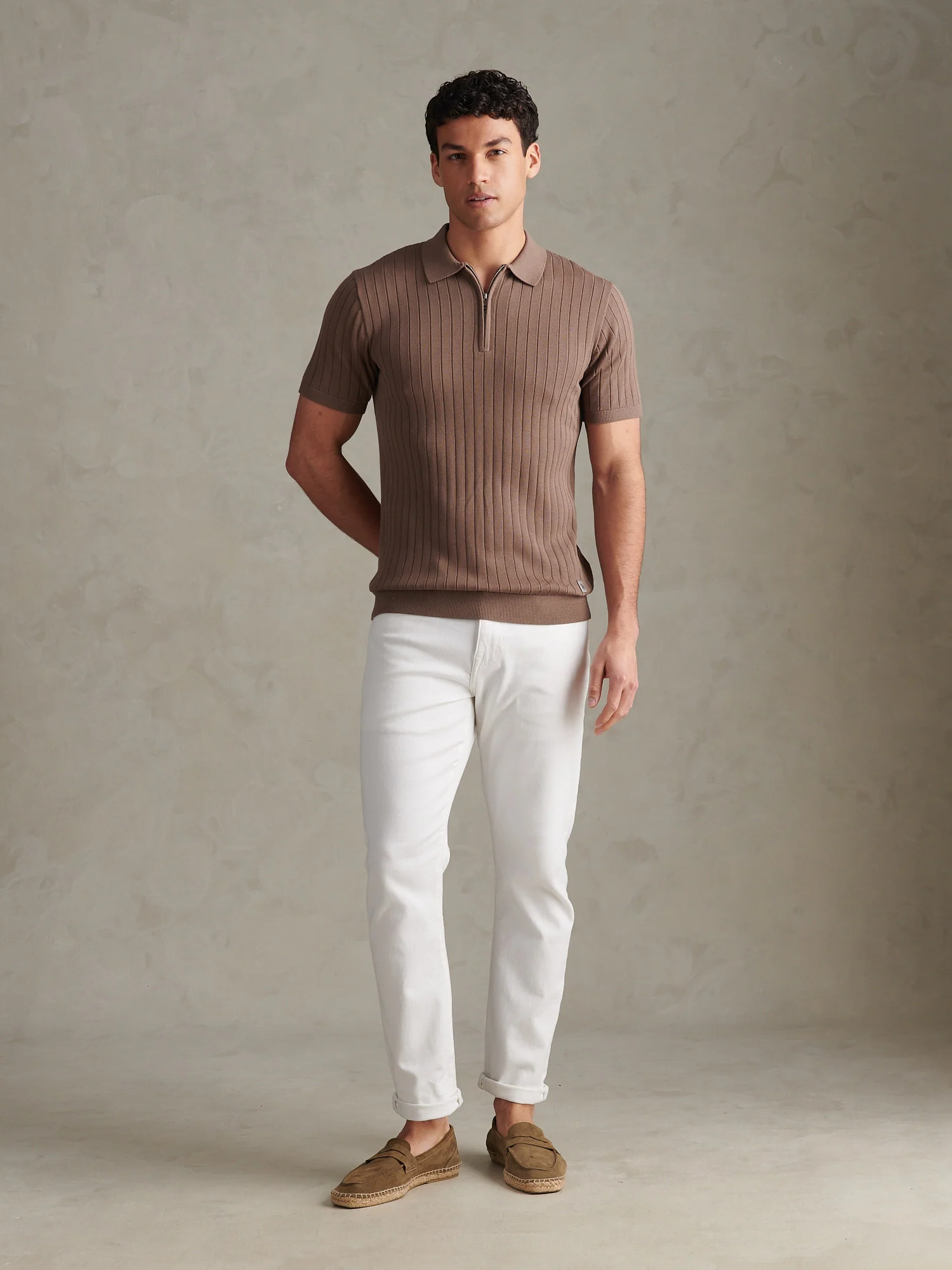 Mens Smart Textured Knit Quarter Zip Polo Shirt Walnut - Image 3