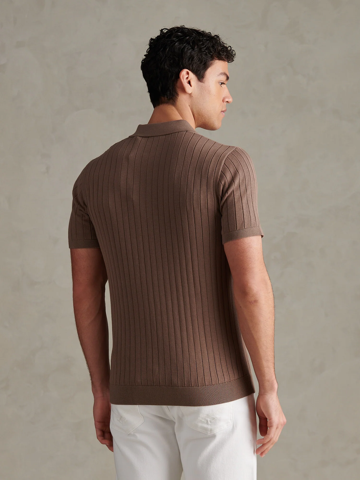Mens Smart Textured Knit Quarter Zip Polo Shirt Walnut - Image 4