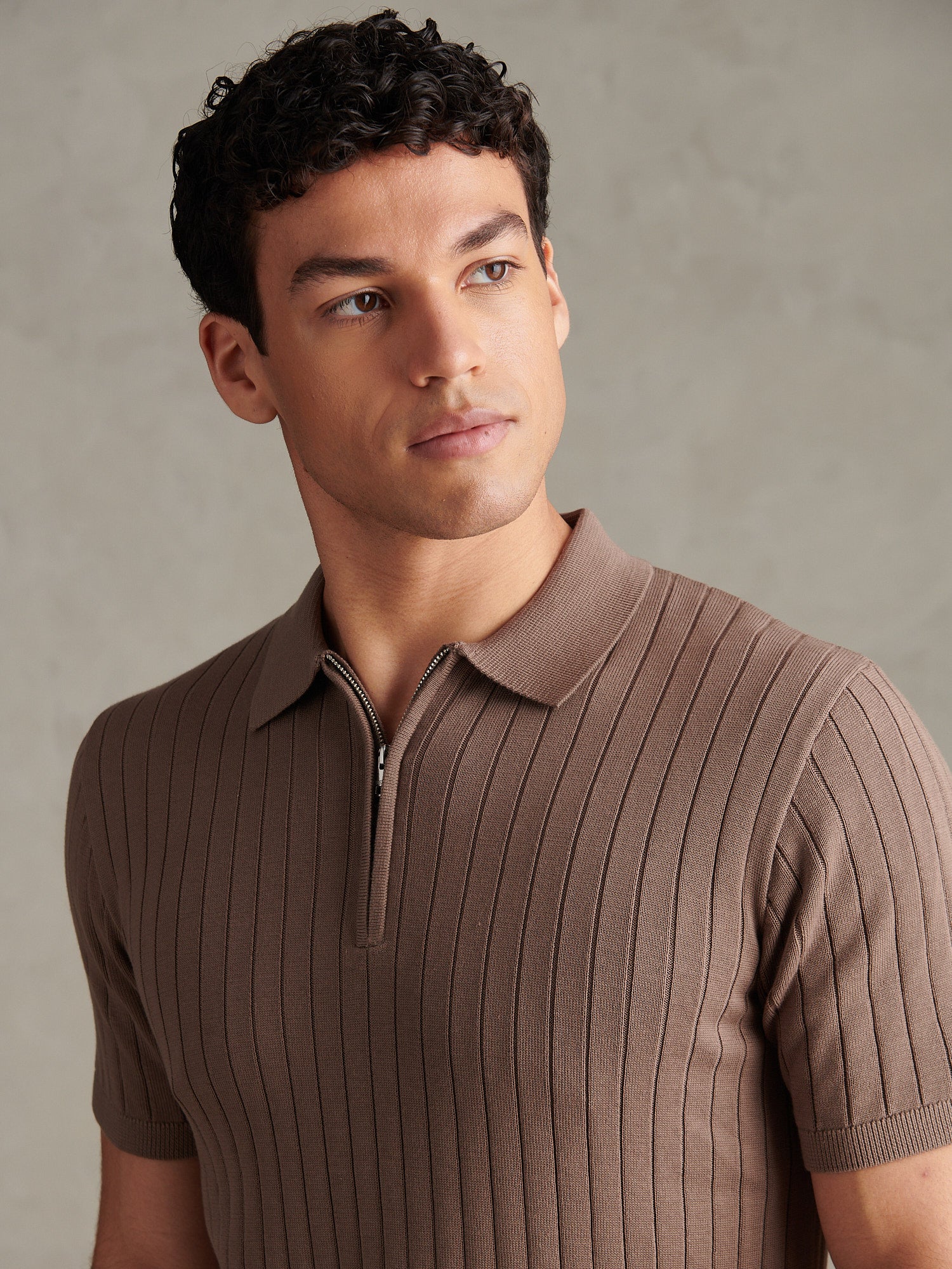 Mens Smart Textured Knit Quarter Zip Polo Shirt Walnut - Image 5