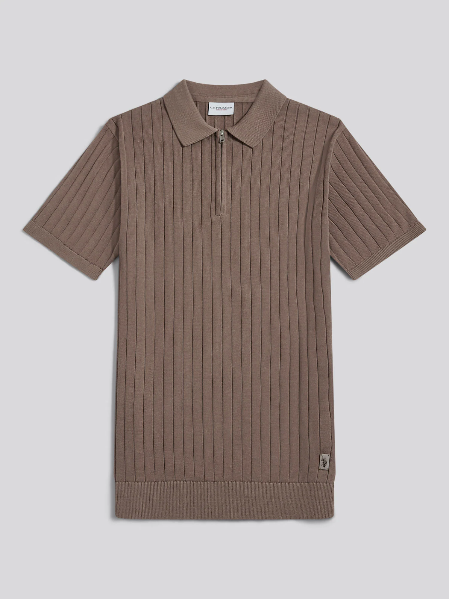 Mens Smart Textured Knit Quarter Zip Polo Shirt Walnut - Image 6