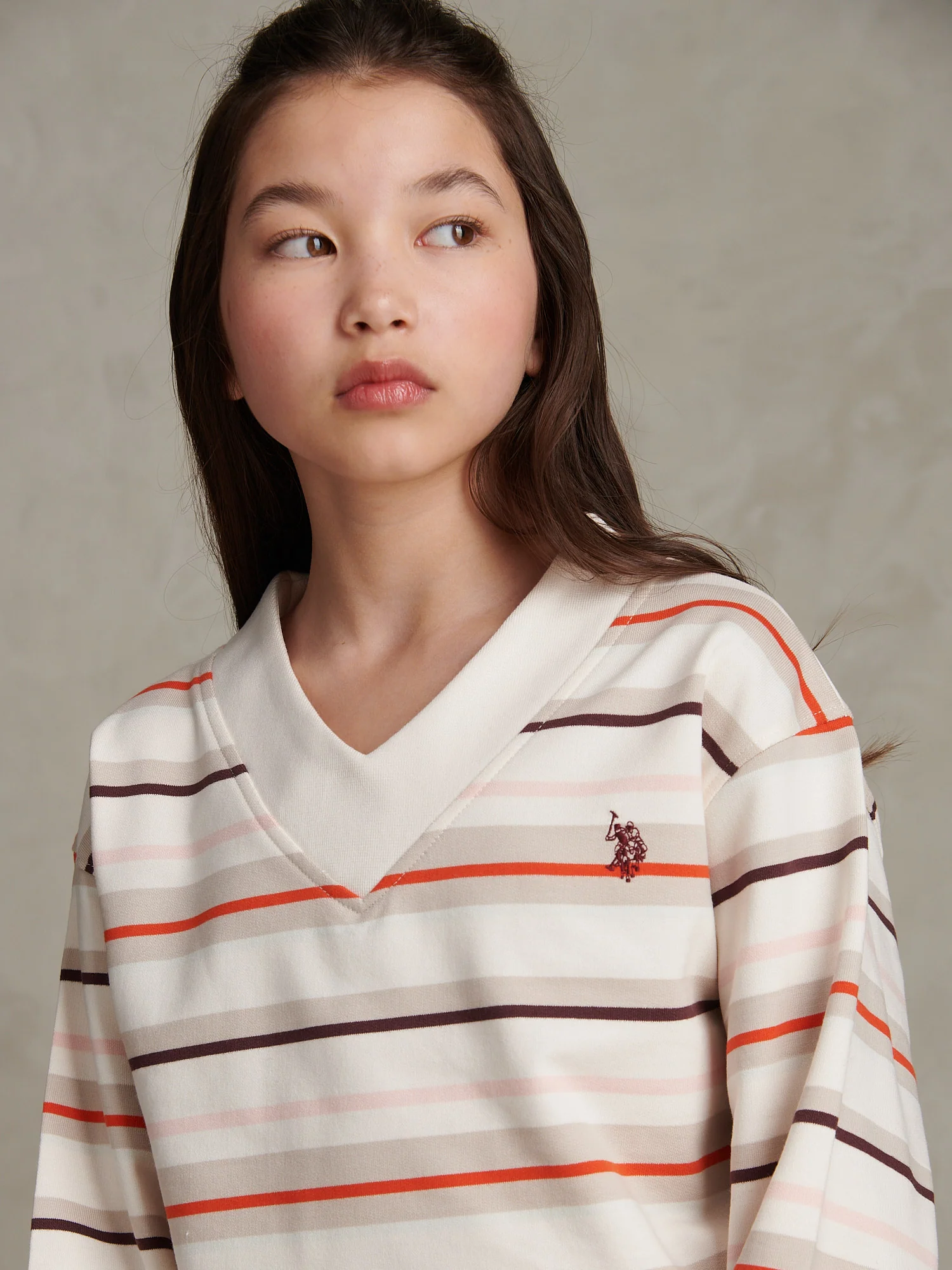 Girls Stripe Logo V-Neck Sweatshirt Pumice Stone - Image 2