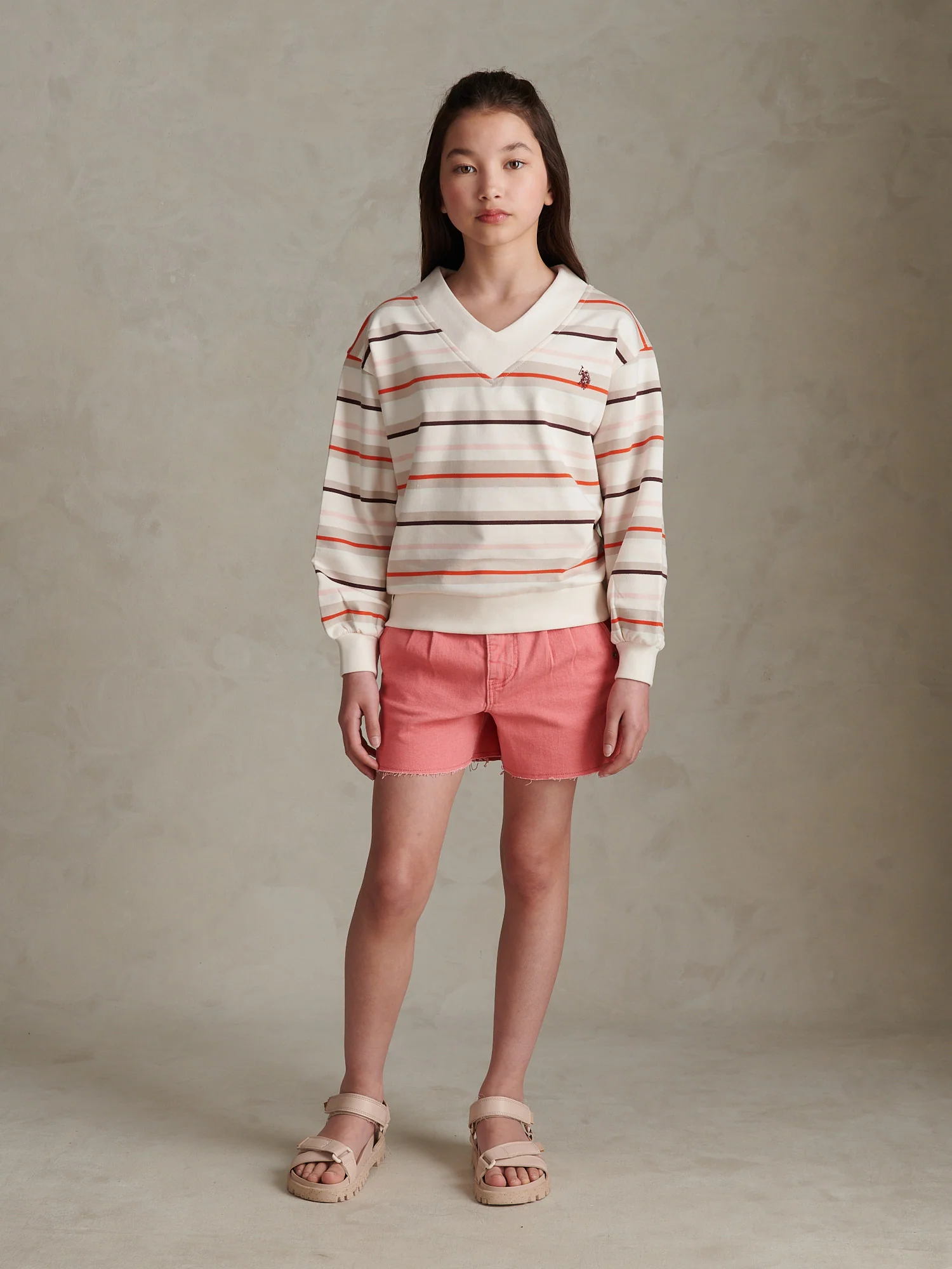Girls Stripe Logo V-Neck Sweatshirt Pumice Stone - Image 3