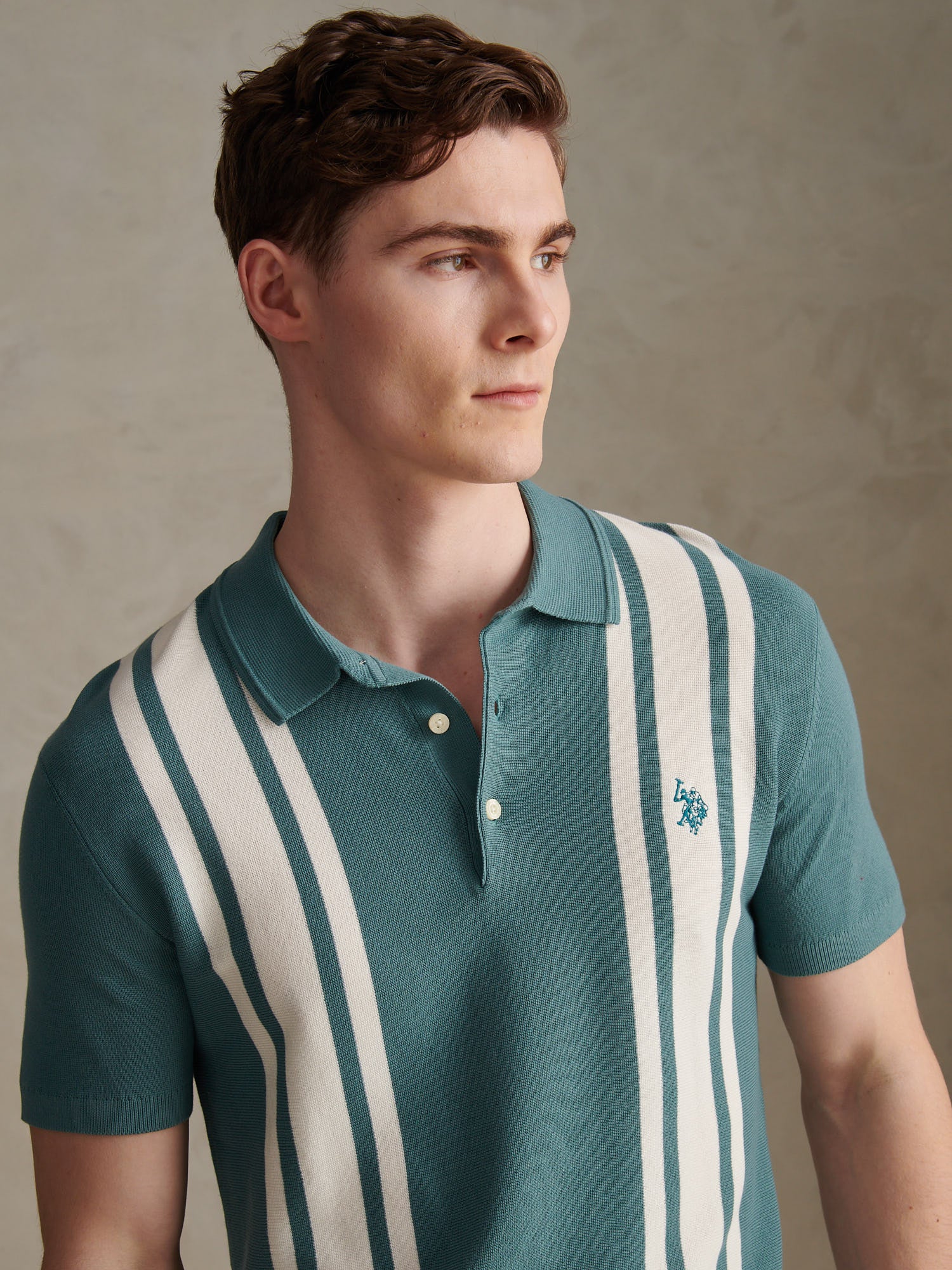 Mens Tonal Vertical Stripe Knit Polo Shirt Arctic - Image 2