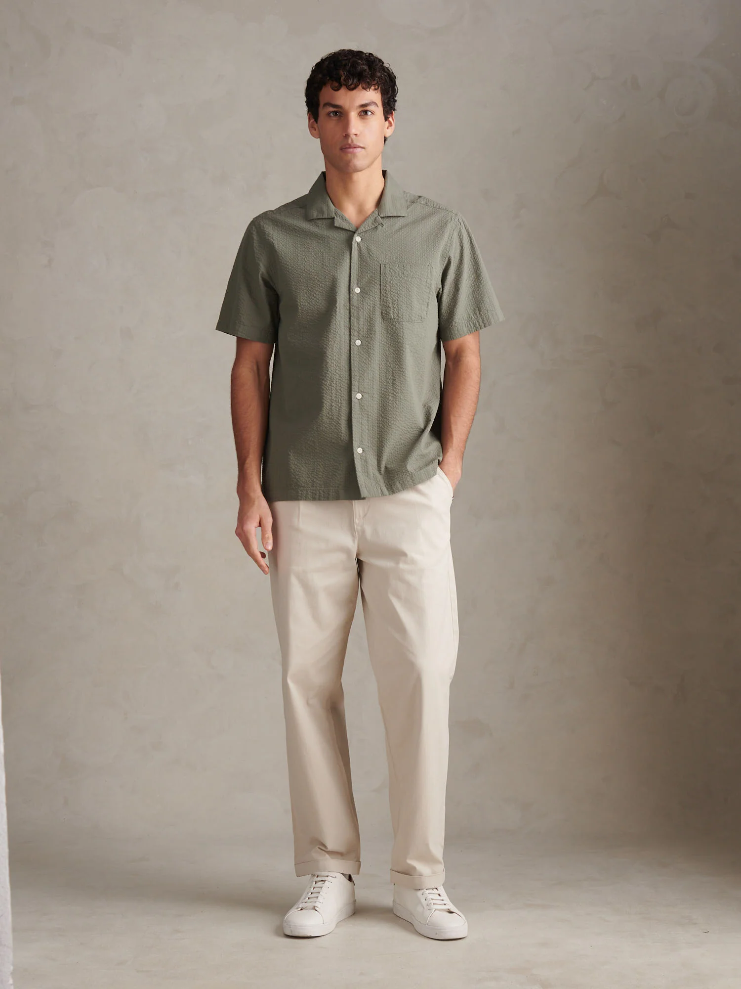 Mens Seersucker Revere Short Sleeve Shirt Mulled Basil - Image 3