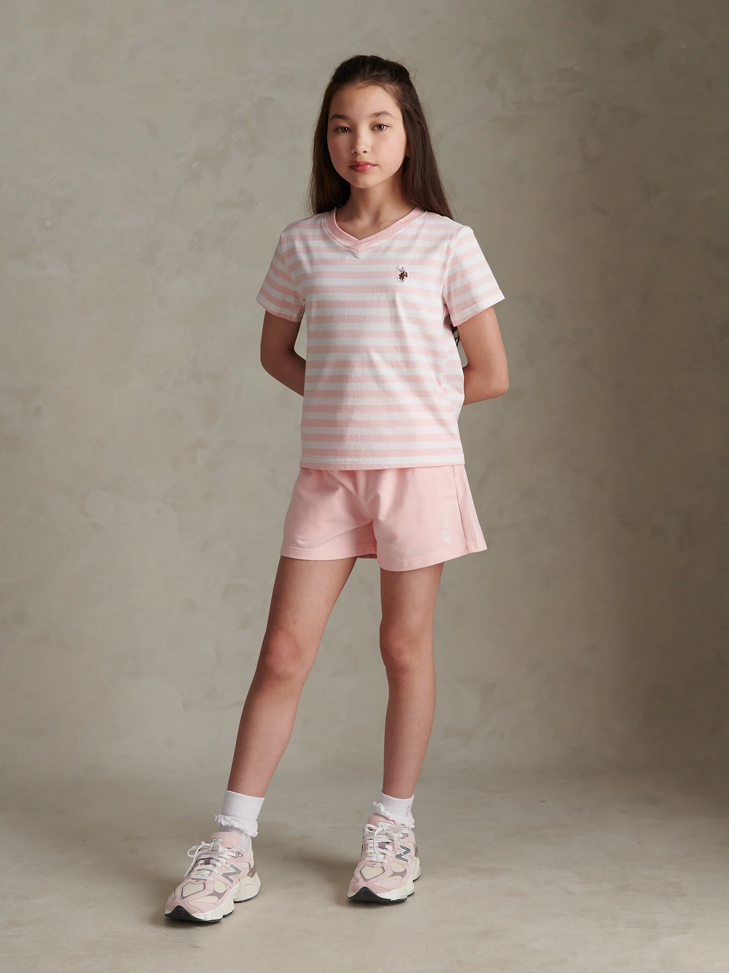 Girls Stripe V-Neck T-Shirt & Sweat Short Set Crystal Rose