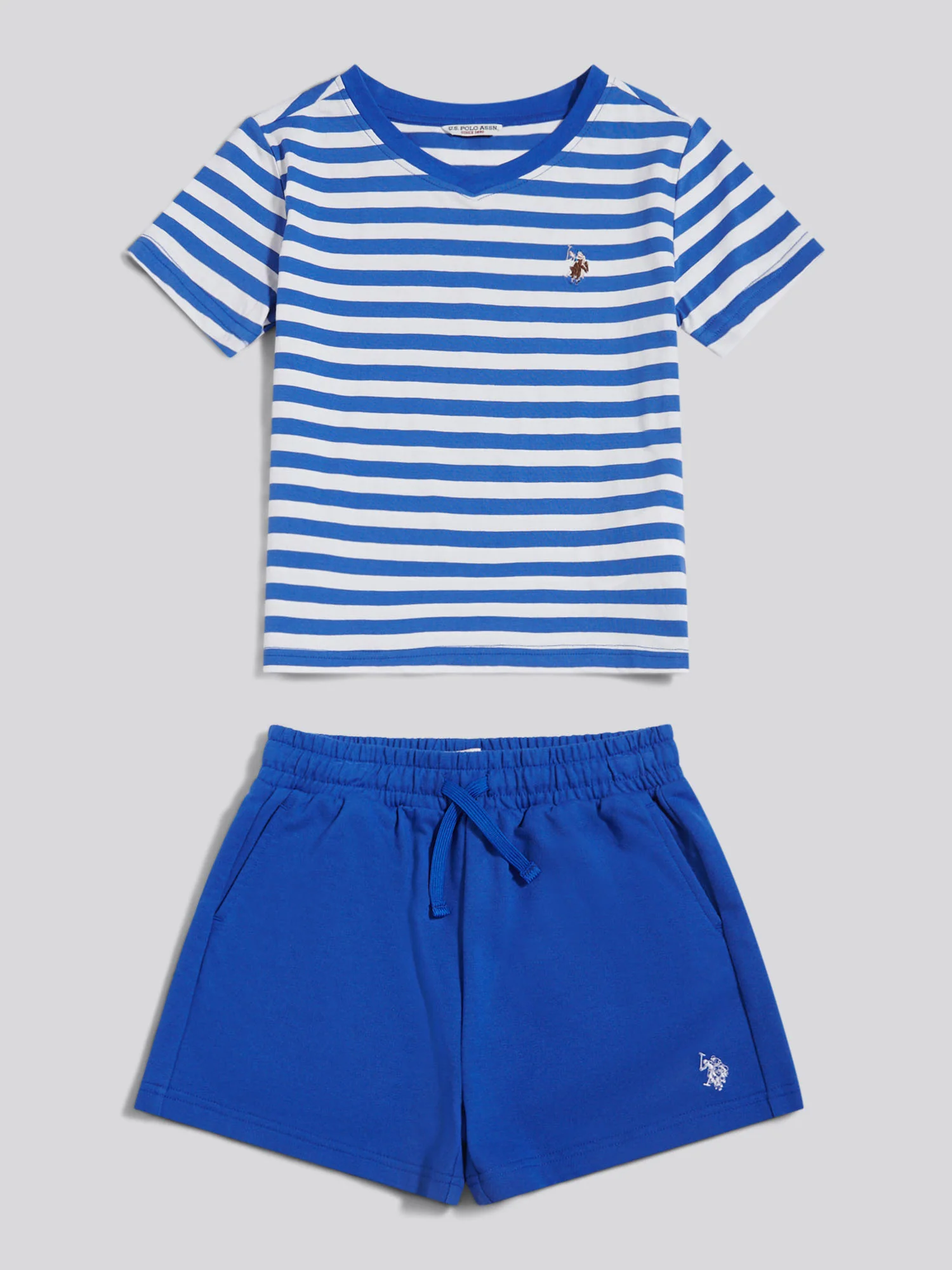 Girls Stripe V-Neck T-Shirt & Sweat Short Set Dazzling Blue - Image 5